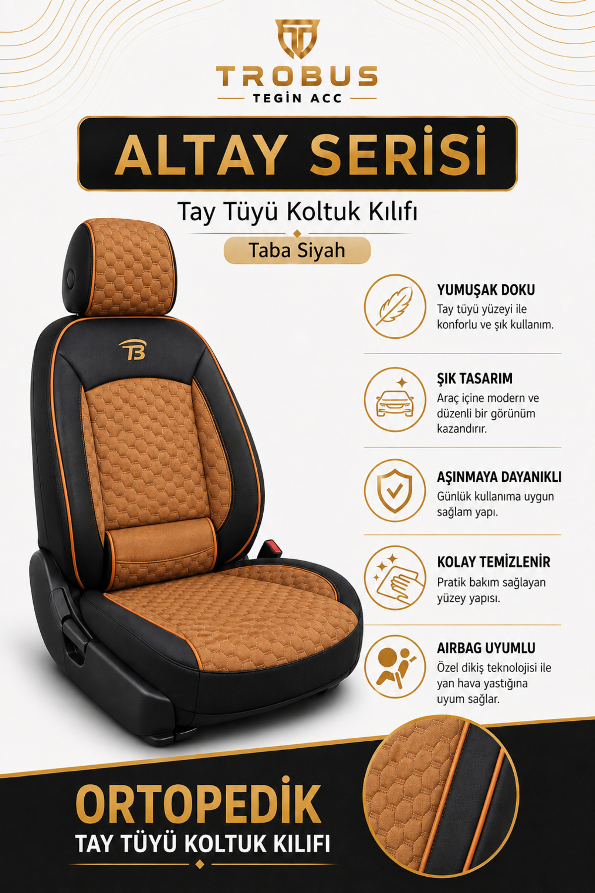 Fiat Punto 2005 ve Sonrası Uyumlu Altay Bel Destekli Tay Tüyü Taba Siyah Koltuk Kılıfı — alternatif görsel