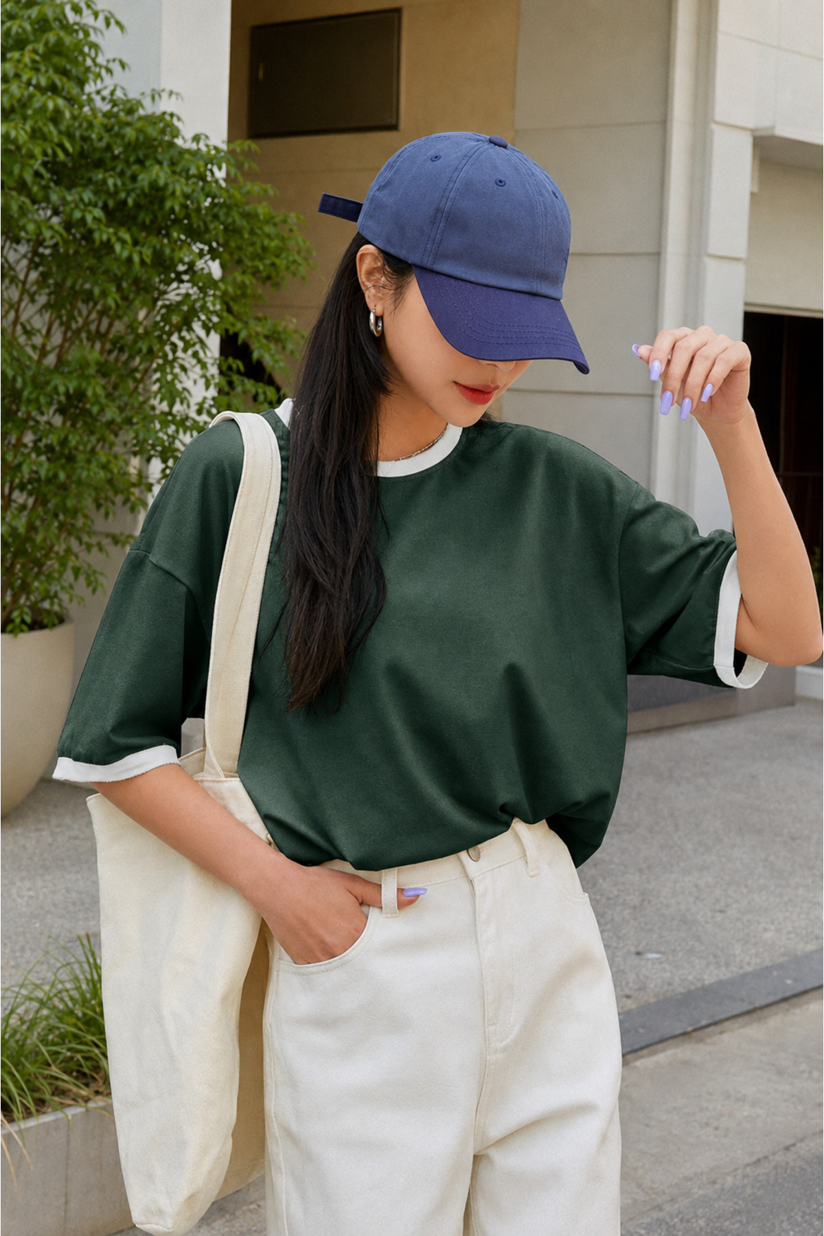CLAYES Nefti Yeşil Gövde Beyaz Biyeli T-shirt - Oversize Bisiklet Yaka Kısa Kol Tişört görsel 2