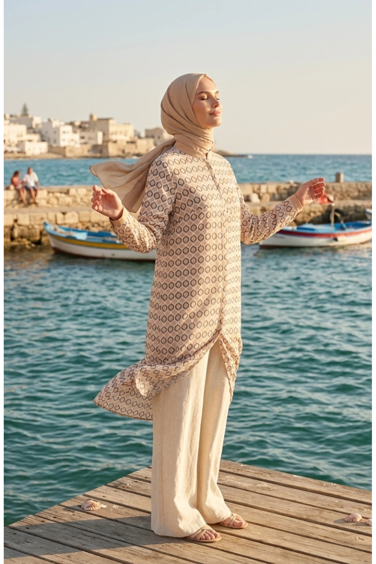 sefamerve Geometric Patterned Buttoned Tunic 2299-04 Beige