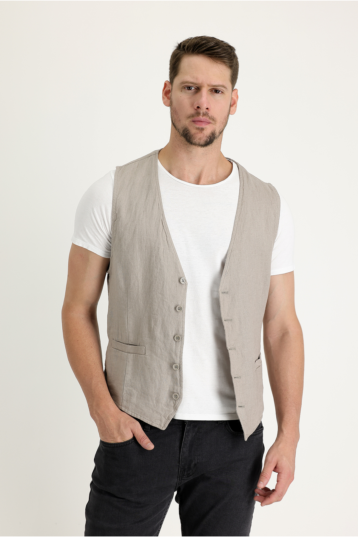 Kiğılı Slim Fit Dar Kesim Keten Yelek