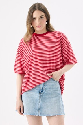 CrepTekstil Crep Kadın Kırmızı Çizgili Kısa Kollu T-Shirt Oversize Fit Yumuşa...