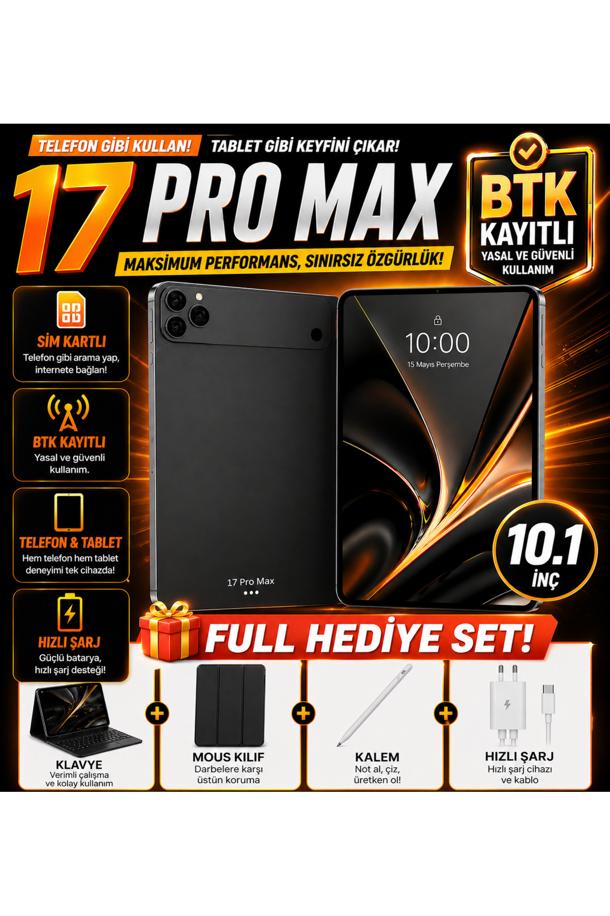 asf teknoloji 17 Pro Max Tablet Telefon Özellikli Sim Kartlı BTK Kayıtlı Full Hediye Setli