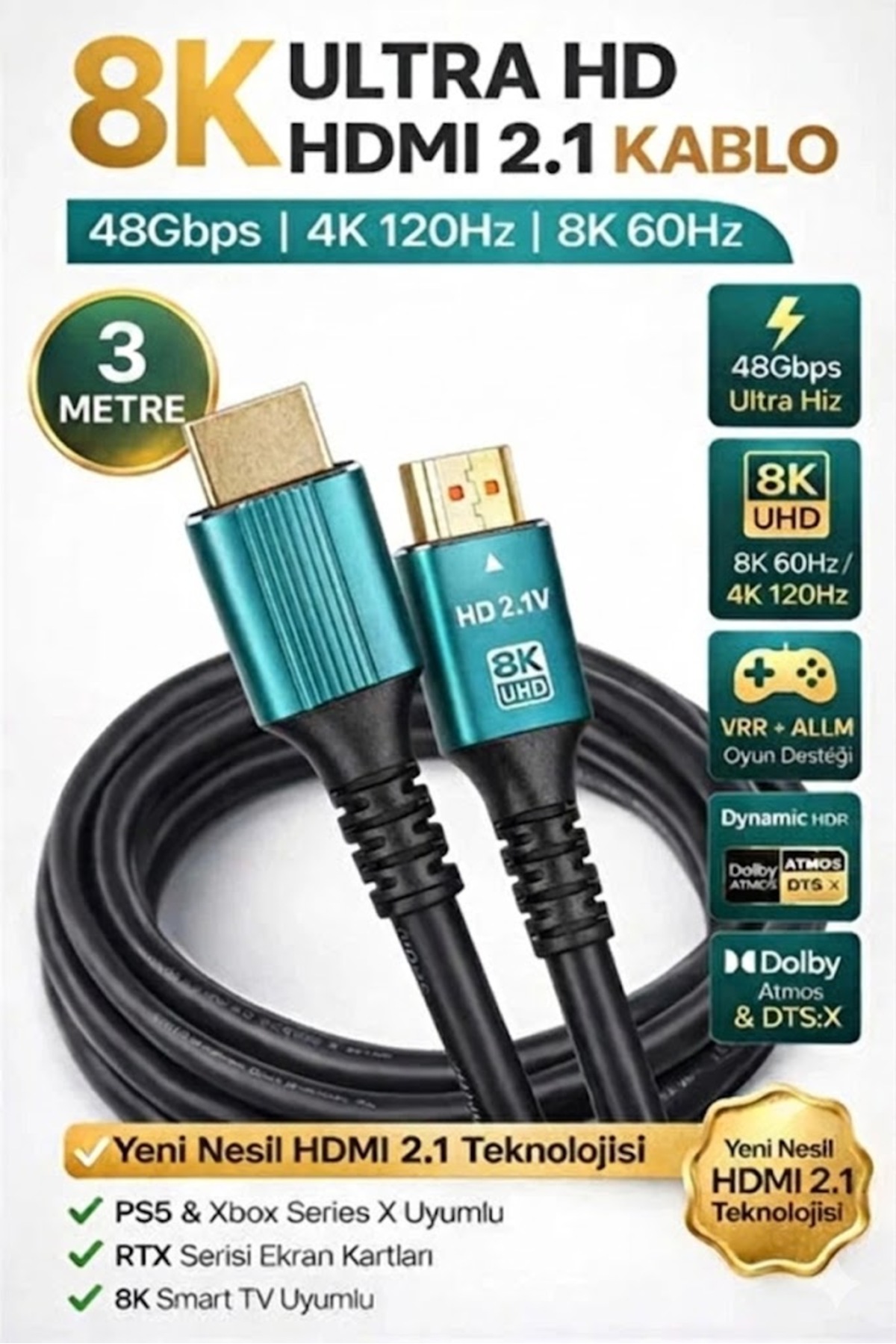 8K@ 3 Metre Ultra Yüksek Hızlı HDMI 2.1 Kablo 8K UHD 4K 120Hz 48Gbps HDTV/ PC/ Dizüstü Bilgisayar ve Oyun Konsolları İçin 3 HDMI kablosu