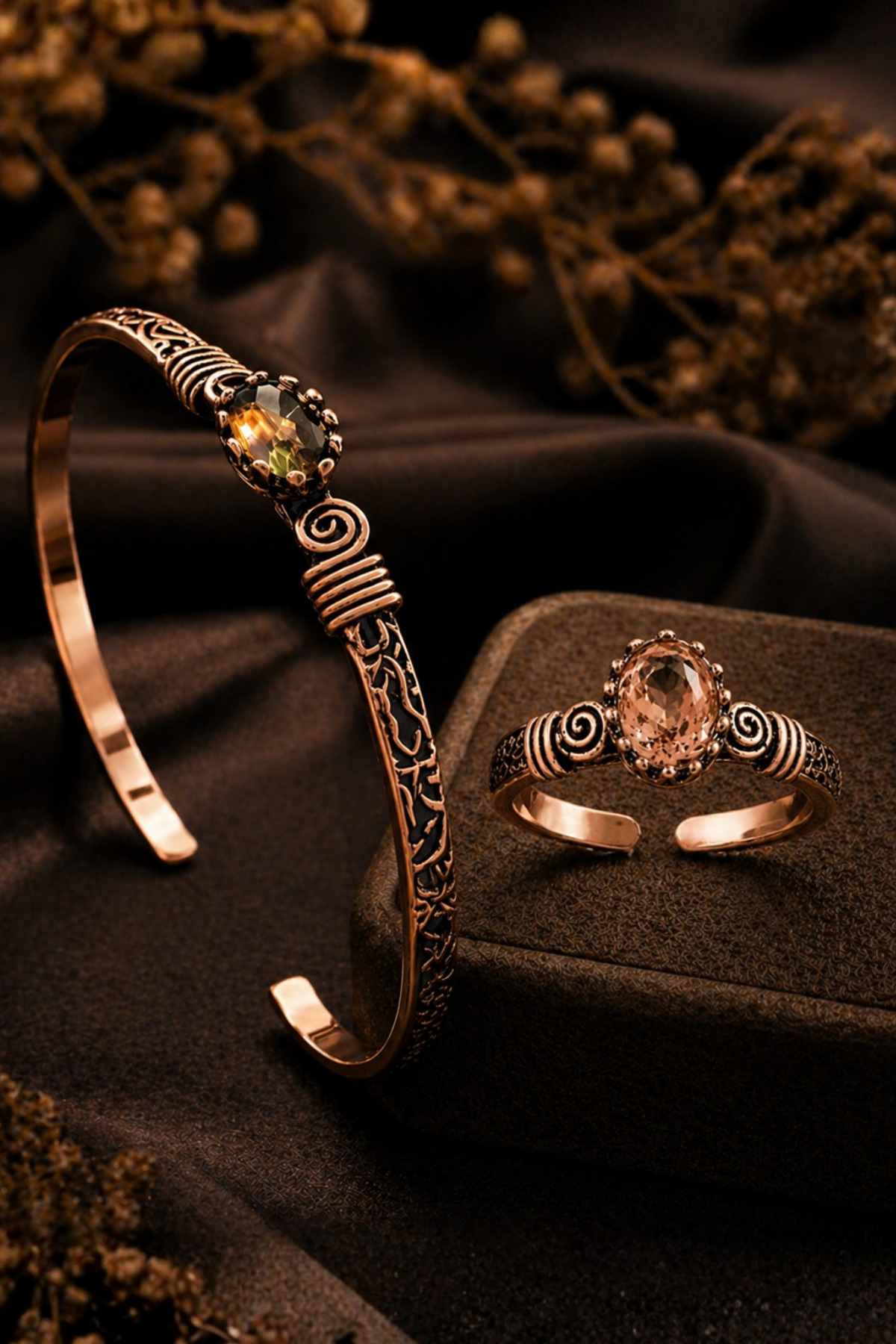 Women's Zultanite Gemstone Thin Copper Bracelet Ring Set Antique Pattern Adjustable Elegant Stylish Jewelry