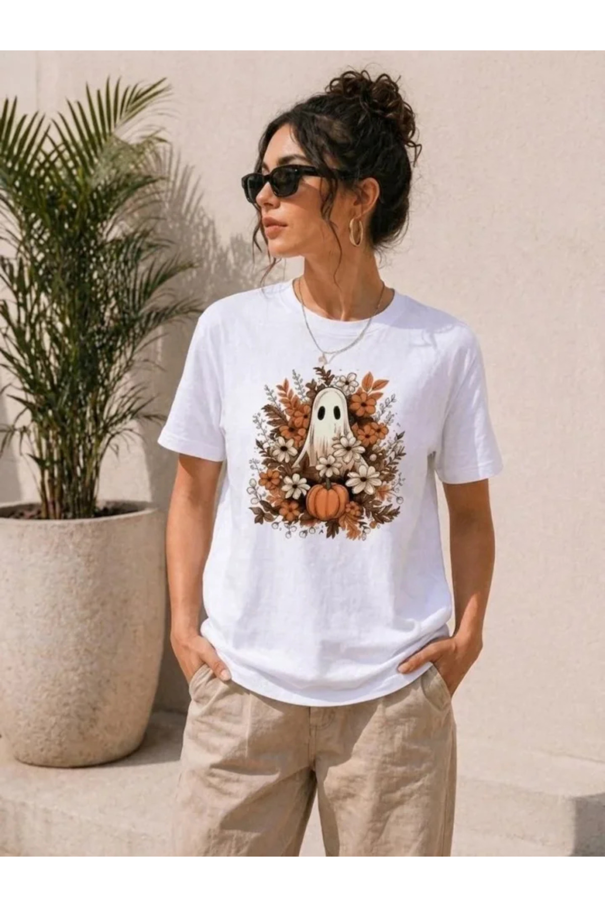 Balkabağı Hayalet Baskılı Tişört Kısa Kol Yazlık T-Shirt - Beyaz