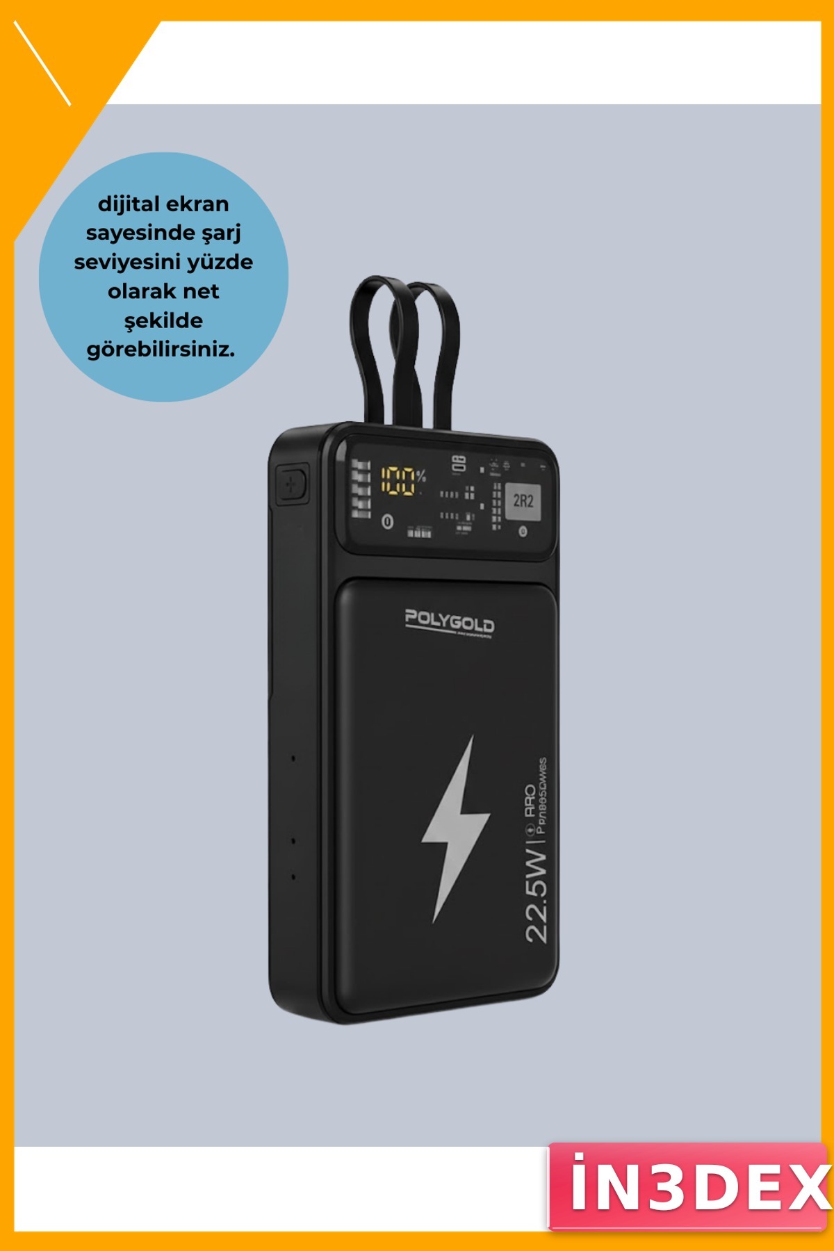 10000mAh 22.5W Hızlı Şarj Powerbank Dahili Kablolu Dijital Ekran