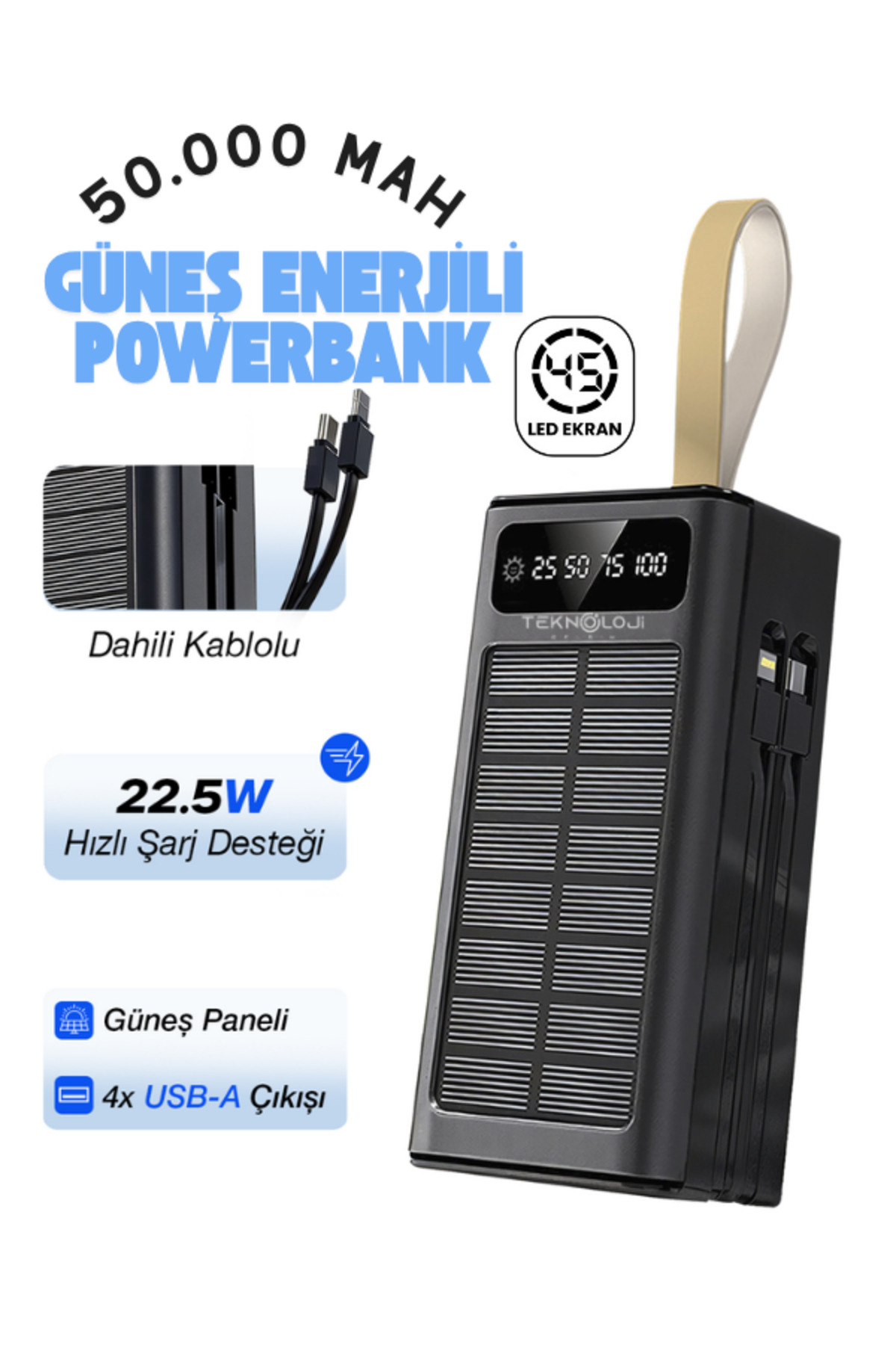 50,000 mAh Powerbank Solar Powered Solar Flashlight Portable Battery with Fast Charge Indicator 22.5W