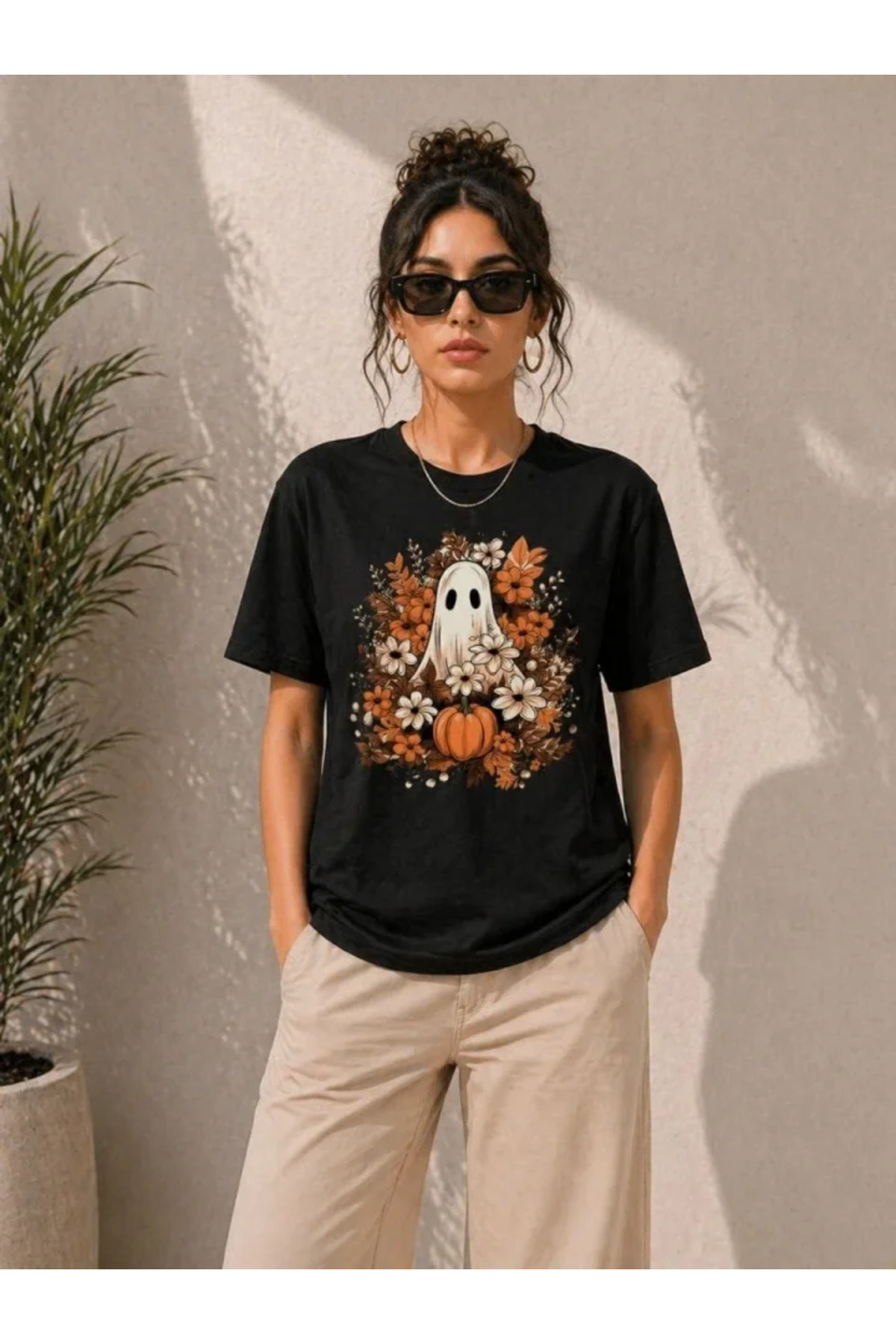 Balkabağı Hayalet Baskılı Tişört Kısa Kol Yazlık T-Shirt - Siyah