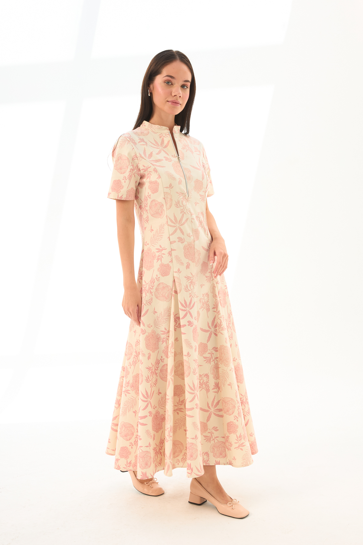 LADYA COLLECTION Beige with Powder Floral Pattern, High Collar, Zippered, Princess Stitched Maxi Dress
