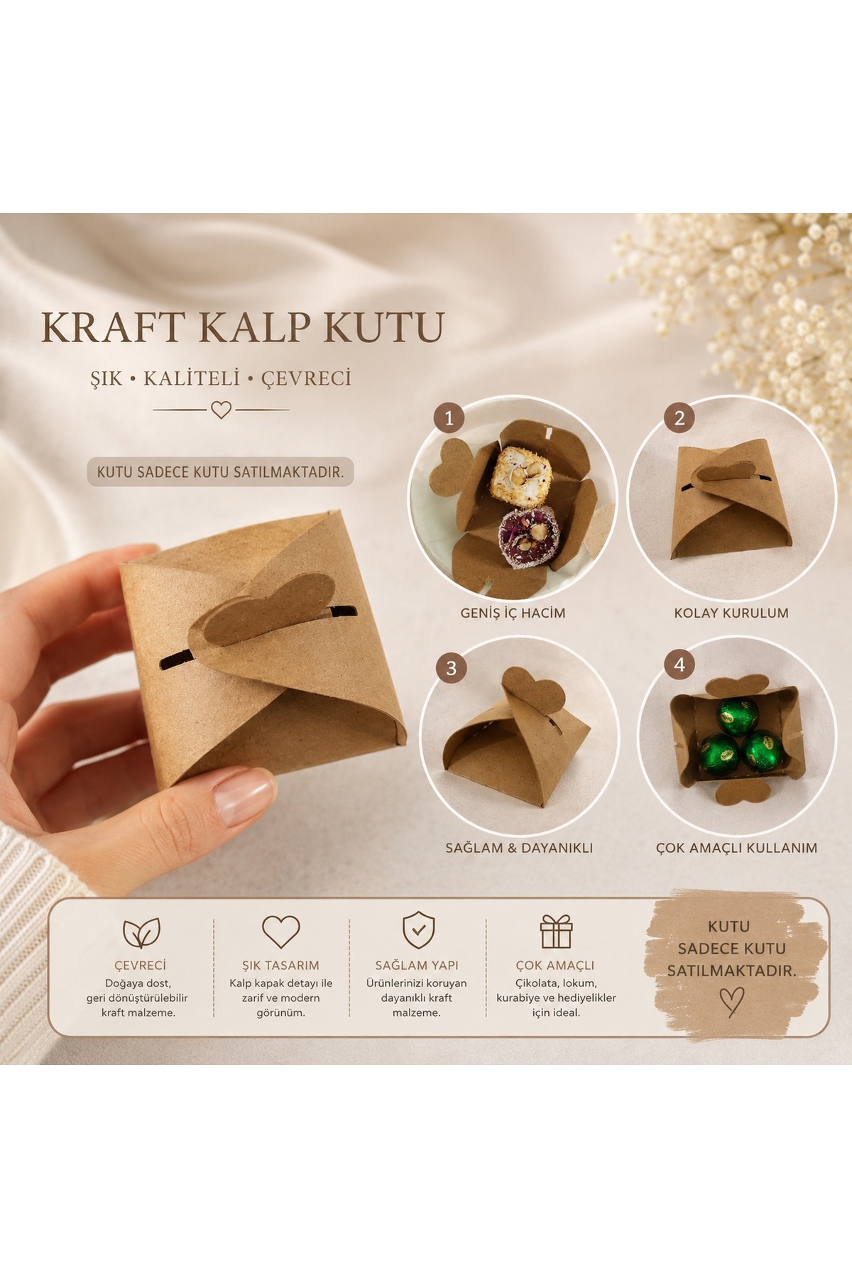 Şeker Lokum Kutusu - Kraft 50 Adet nikah, nişan, söz, düğün, mevlüt, sünnet ve özel davet