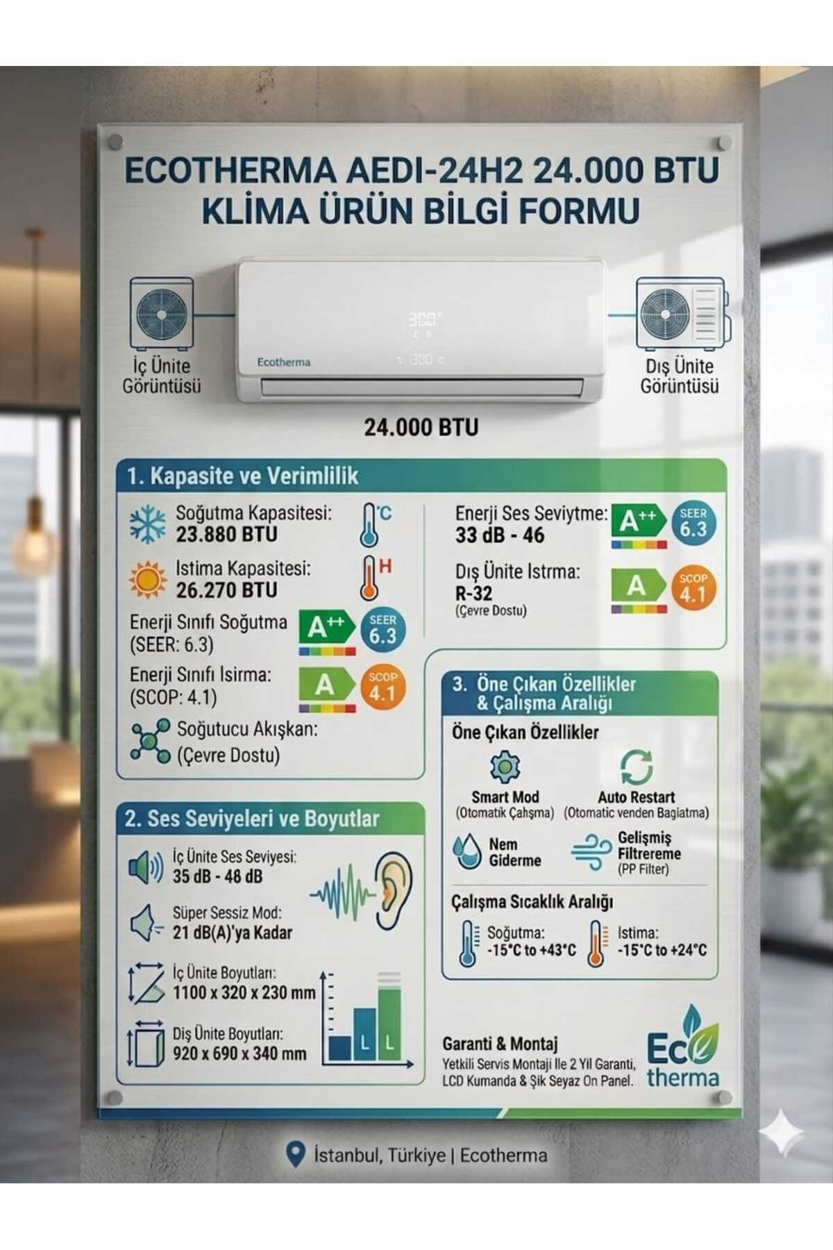 Asal Ecotherma 24 BTU AEDI-24H2E Inventer klima A++ ( Montaj Hariç