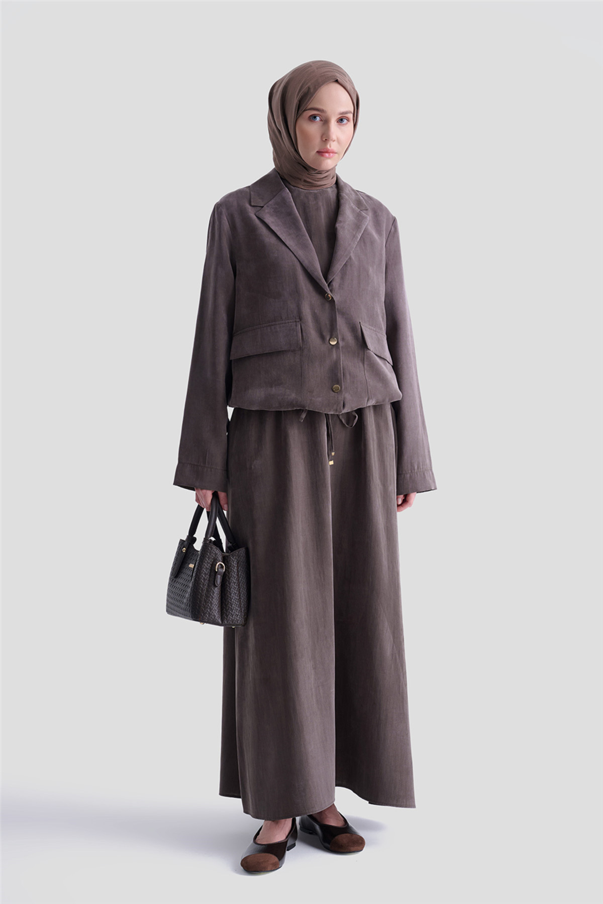 Armine Kupra effect jacket dress set kakao