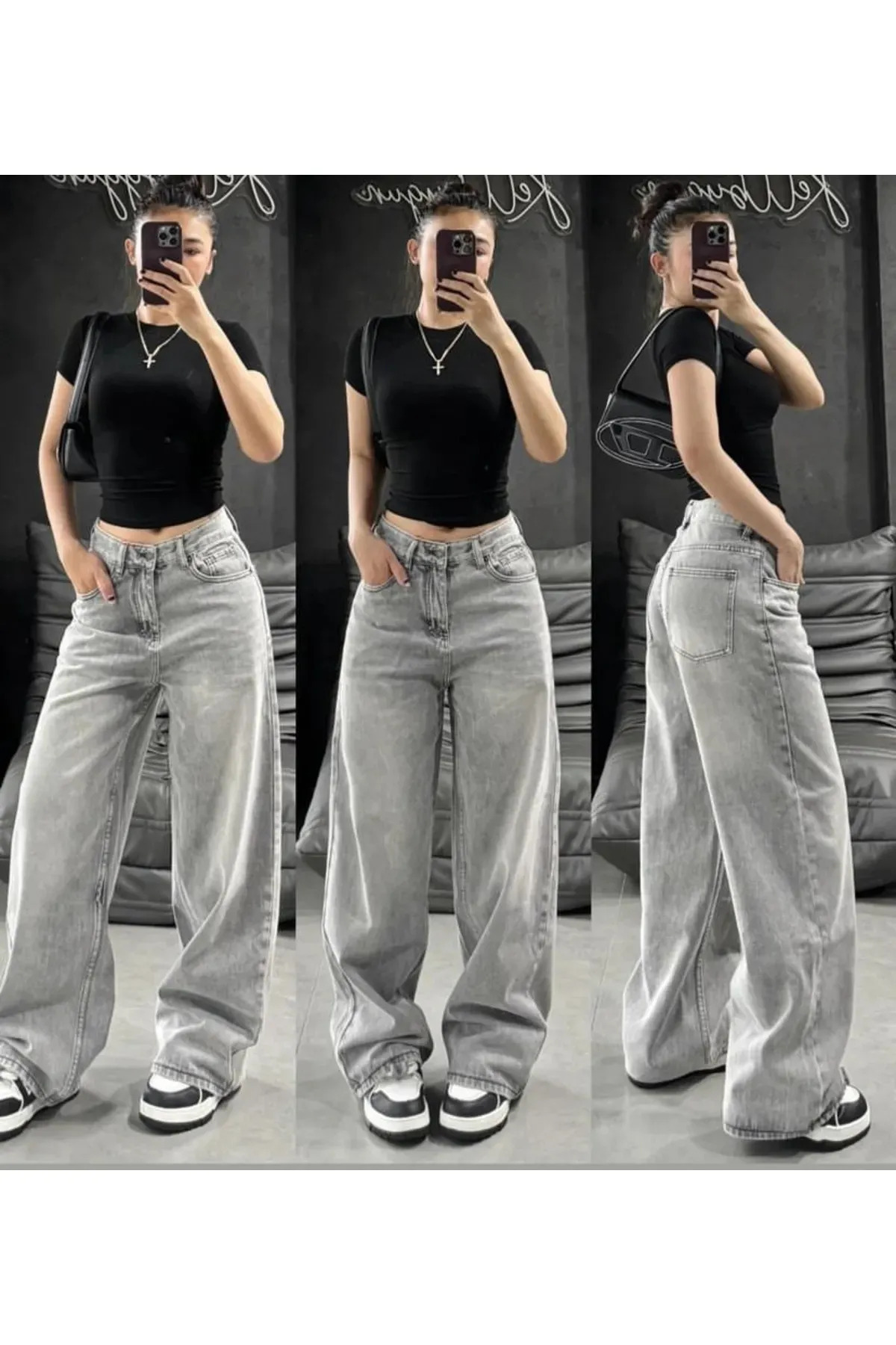 komera Pofi̇di̇ Vintage Gray Snow Wash Baggy Pants