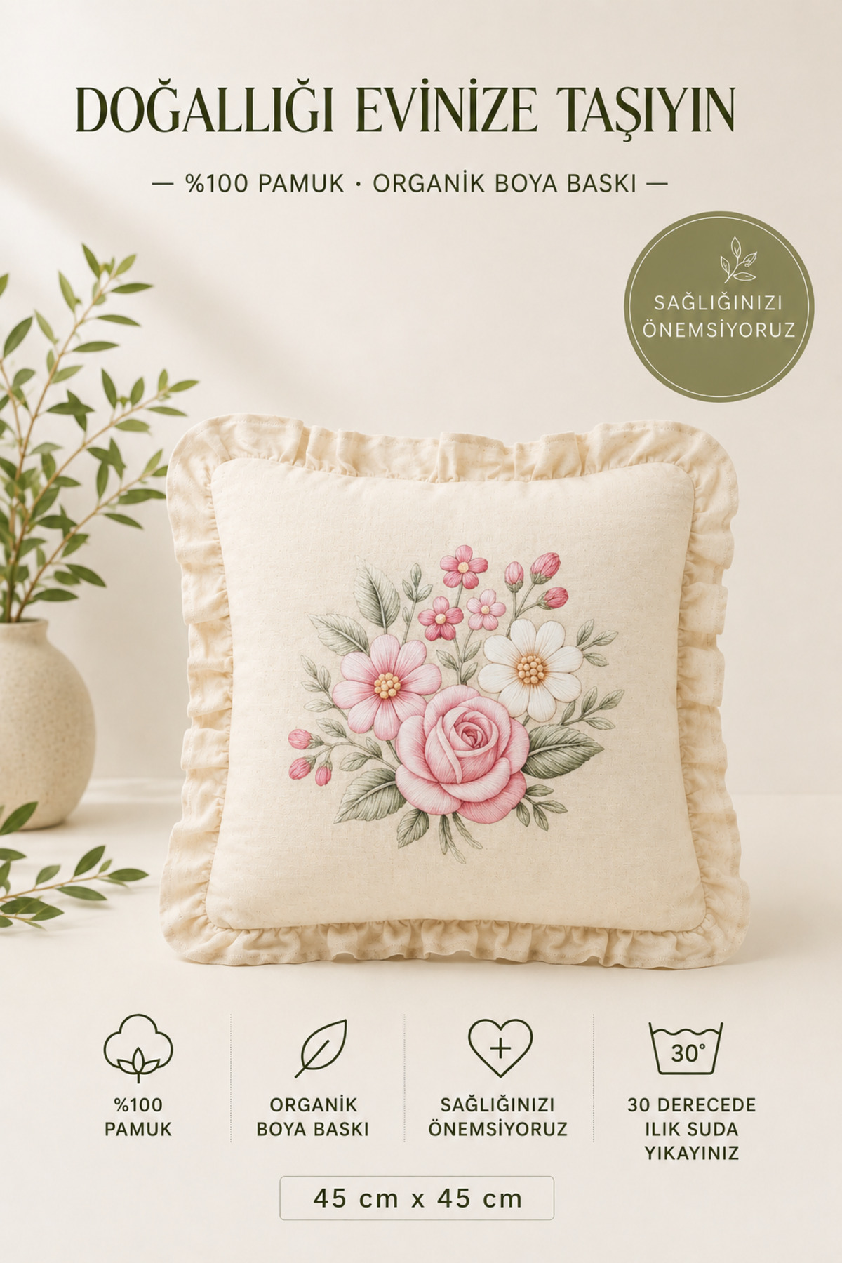 Ruffle Floral Pattern Decorative Pillowcase 100% Cotton Organic Paint Printed 45x45cm