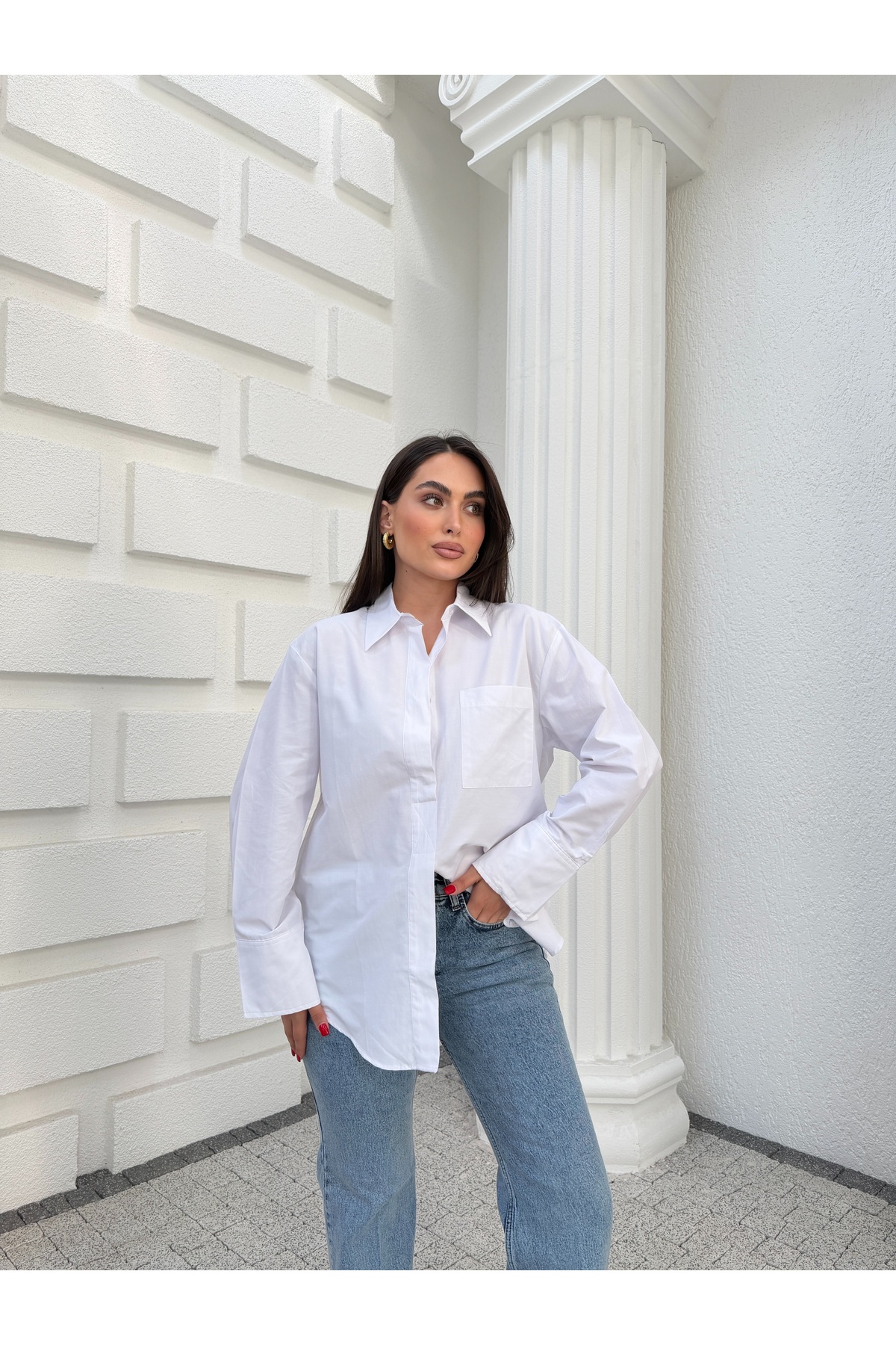 Myra Fashion Oversize Poplin Gömlek Tek Cepli Geniş Kesim Uzun Kol Bluz Kadın Trend Modern Stil Klasik Gömlek görsel 2