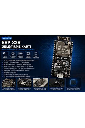 ESP ESP32-S Wifi - Bluetooth Geliştirme Kartı -CP2102 (SMA – U.FL (IPEX) dönü...