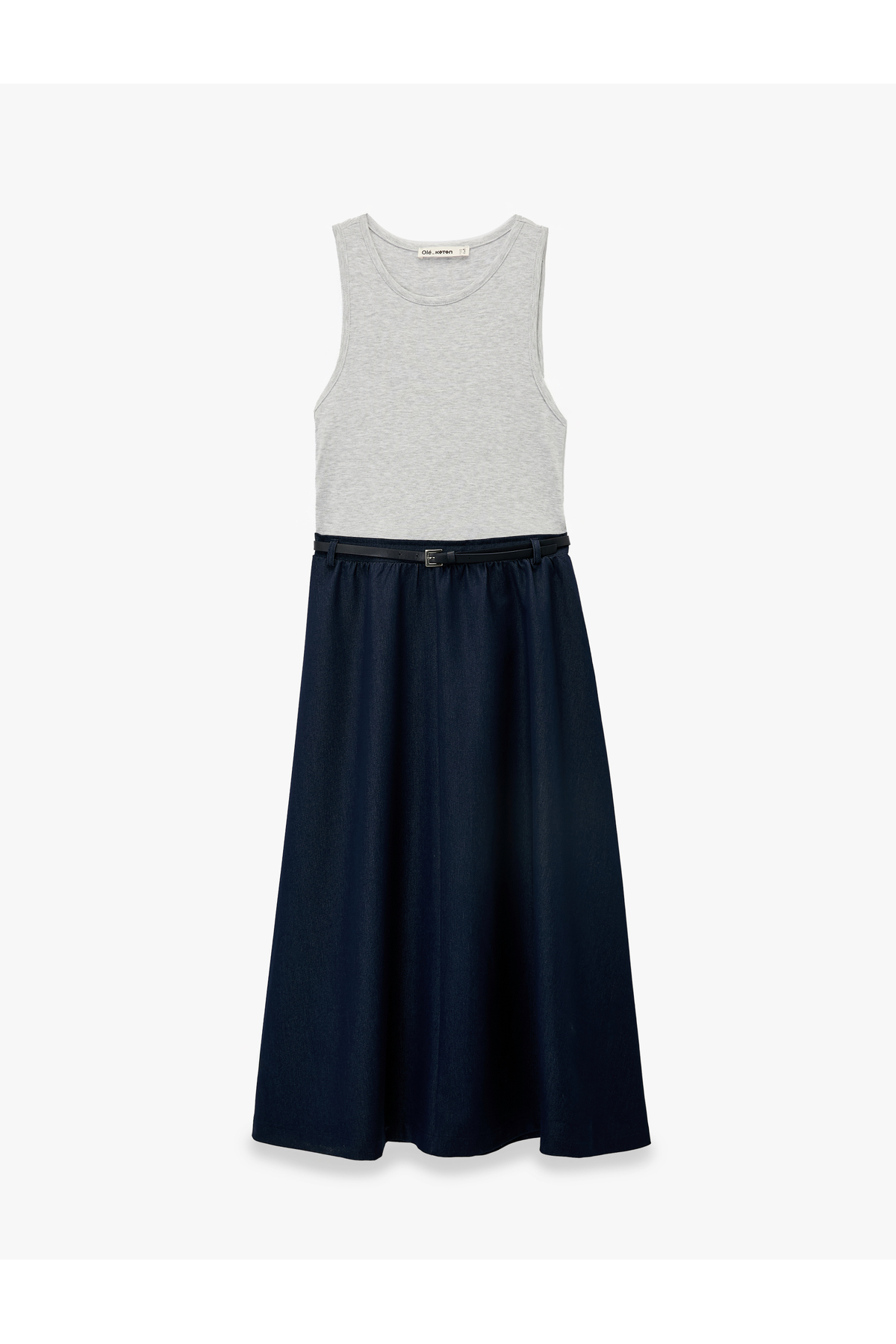 Koton Belt Detailed Crew Neck Color Block Sleeveless Long Dress