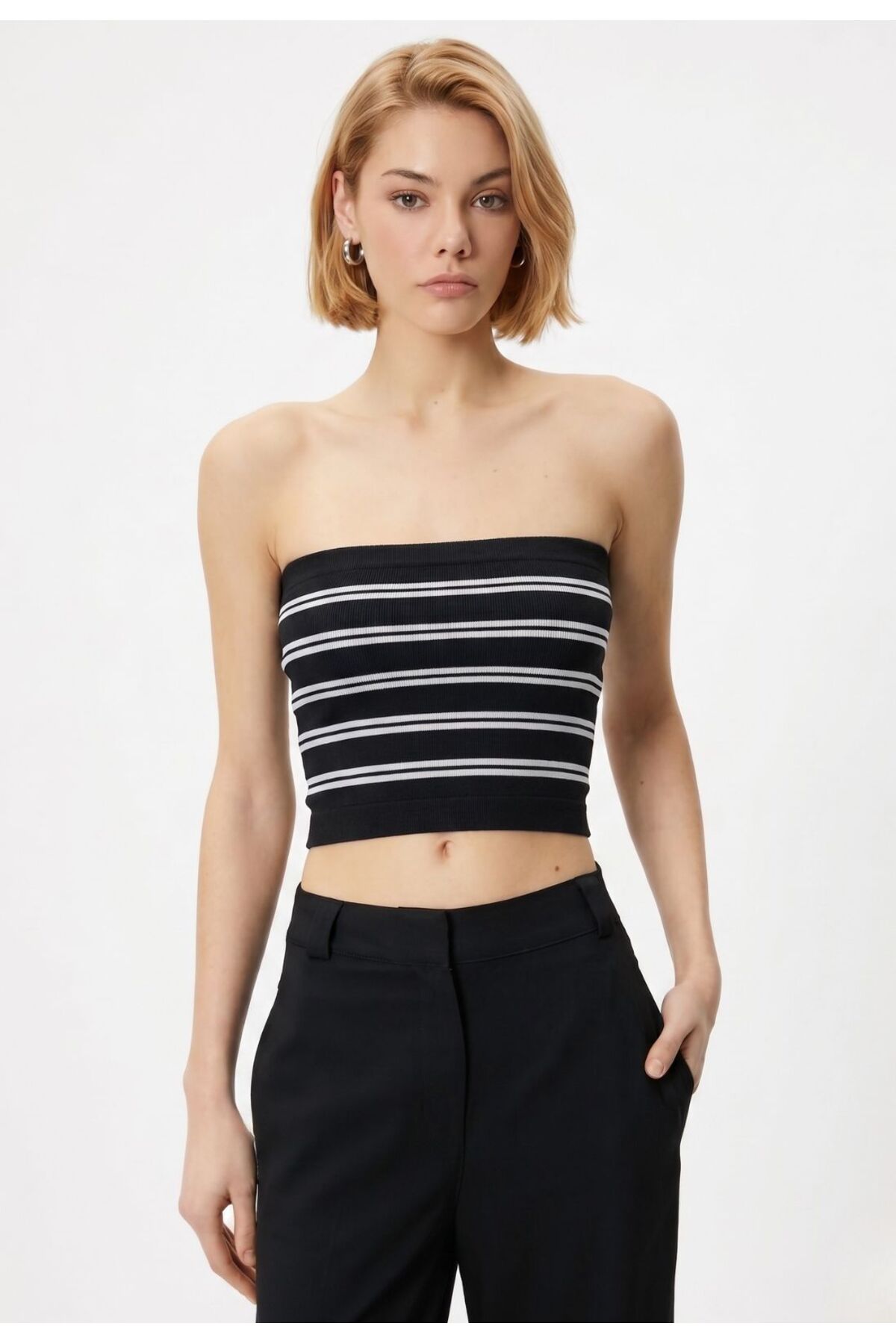 Formactive Kadın Çizgili Likralı Straplez Büstiyer Bluz, Esnek Kumaşlı Crop Top, Vücuda Oturan Şık Yazlık Atlet 1993