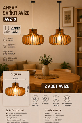 avizon Doğal Ahşap Sarkıt Avize 2’li Set AVZ19 E27 Uyumlu Modern Dekoratif Avize