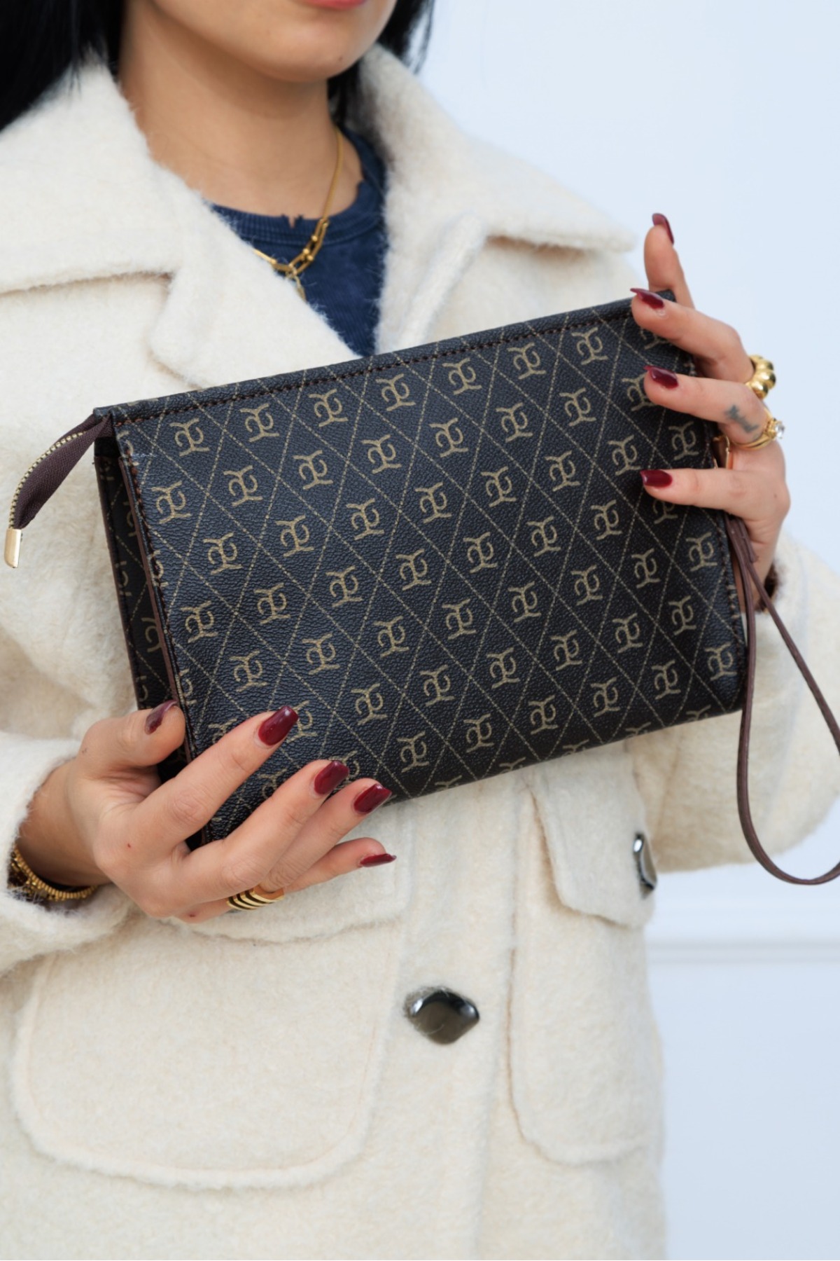 MUBO Kadın Monogram Desenli Portföy El Çantası ve Bileklikli Clutch