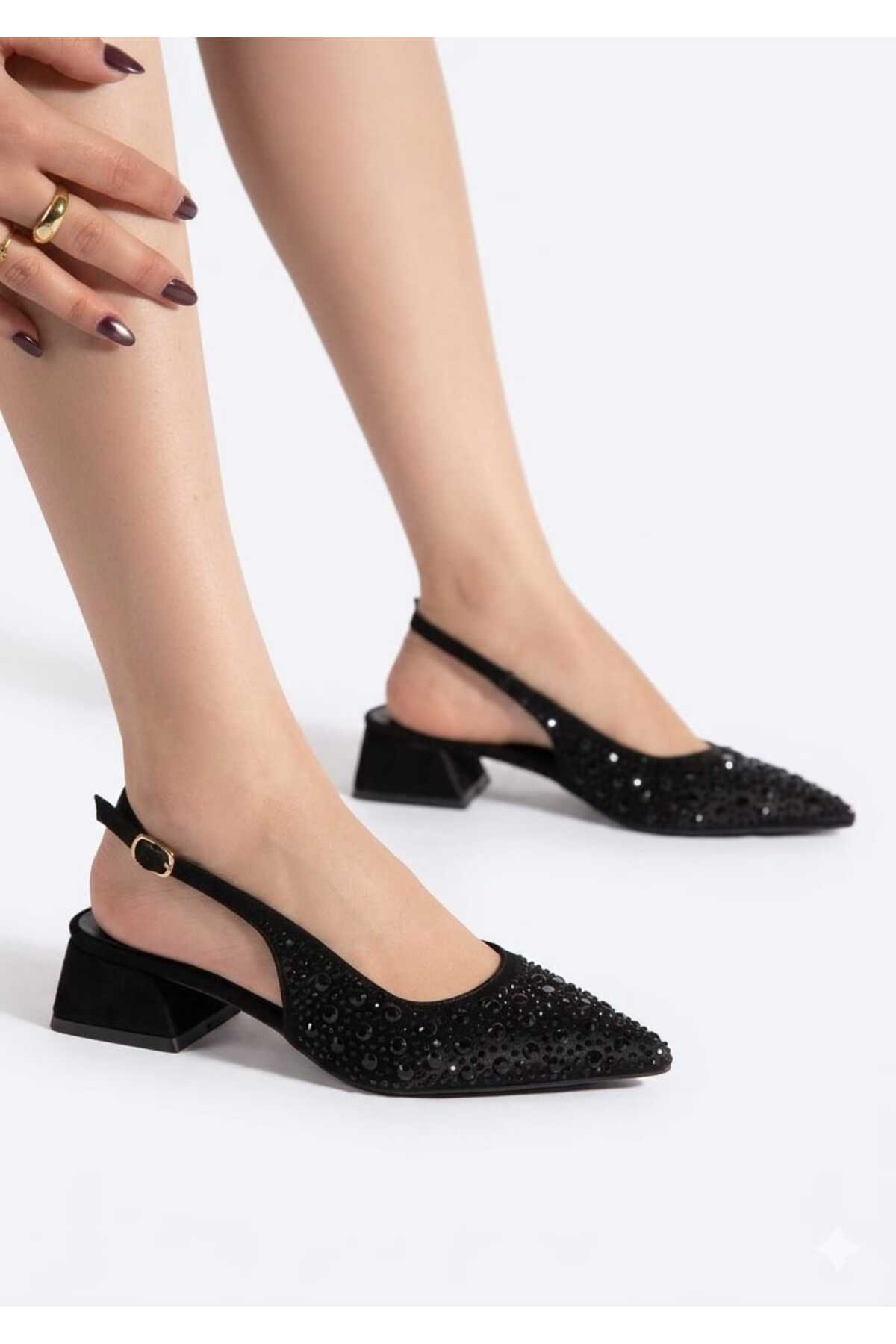 Poise store Kadın saten taşlı kısa topuklu ayakkabı görsel 2