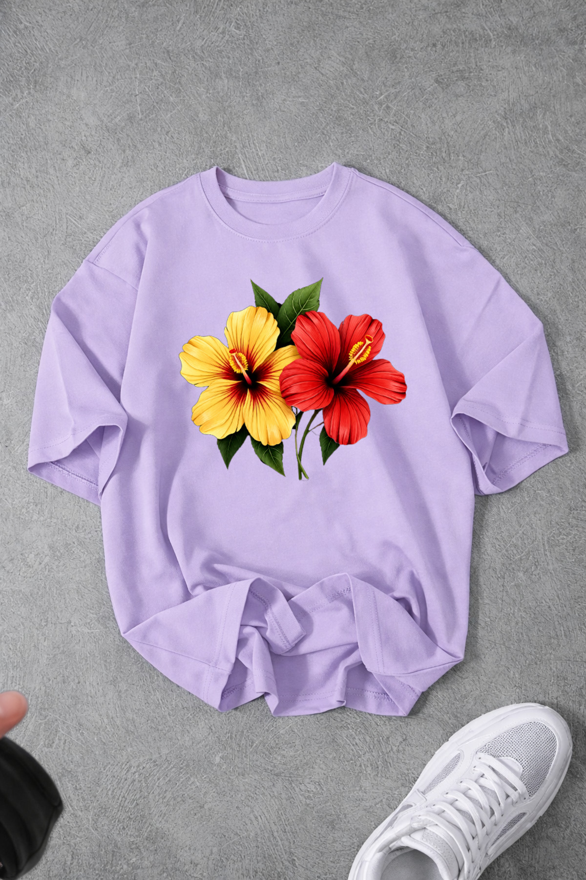 Women's Flower Custom Printed Oversize Zero Neck Combed Cotton T-Shirt