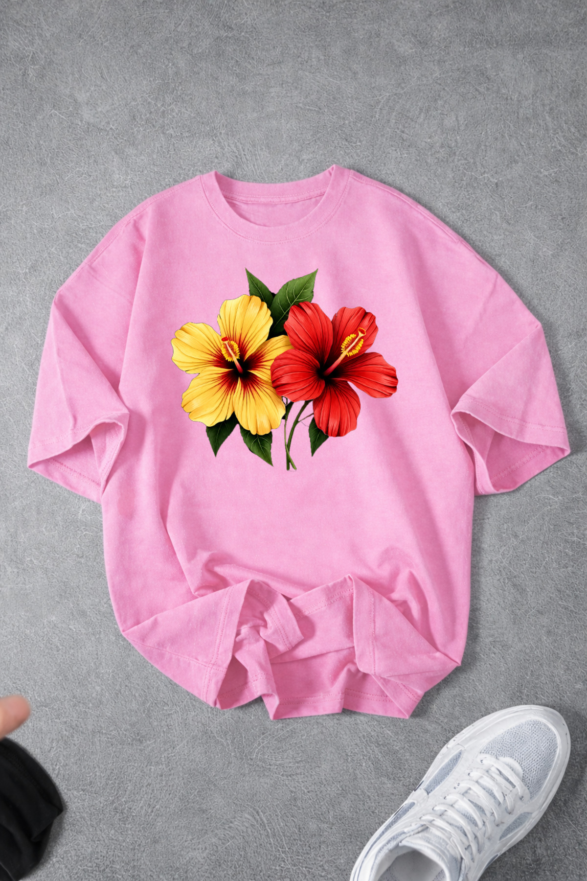 Women's Flower Custom Printed Oversize Zero Neck Combed Cotton T-Shirt