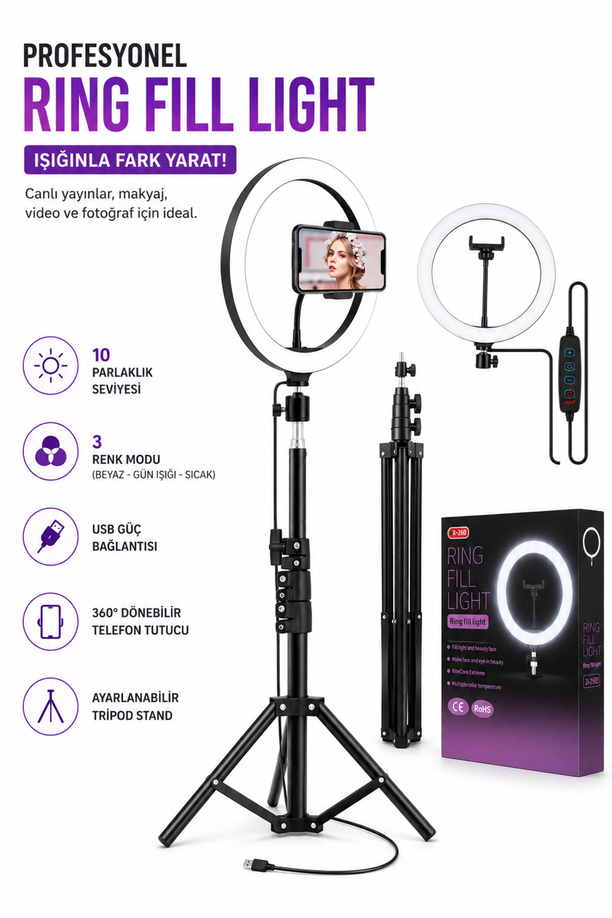 SAYMOND 10"inç Ring Light Youtuber Tiktok Çekim Işıklı Telefon Tutucu Profesyonel Influencer Çekim Işığı