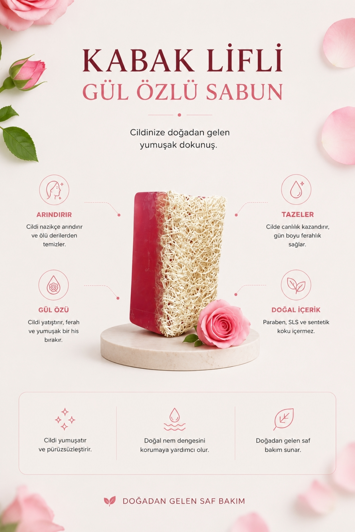 Kabak Lifli Sabun Gül Özlü Nemlendirici ve Yatıştırıcı Cilt Bakım Sabunu — görsel 3