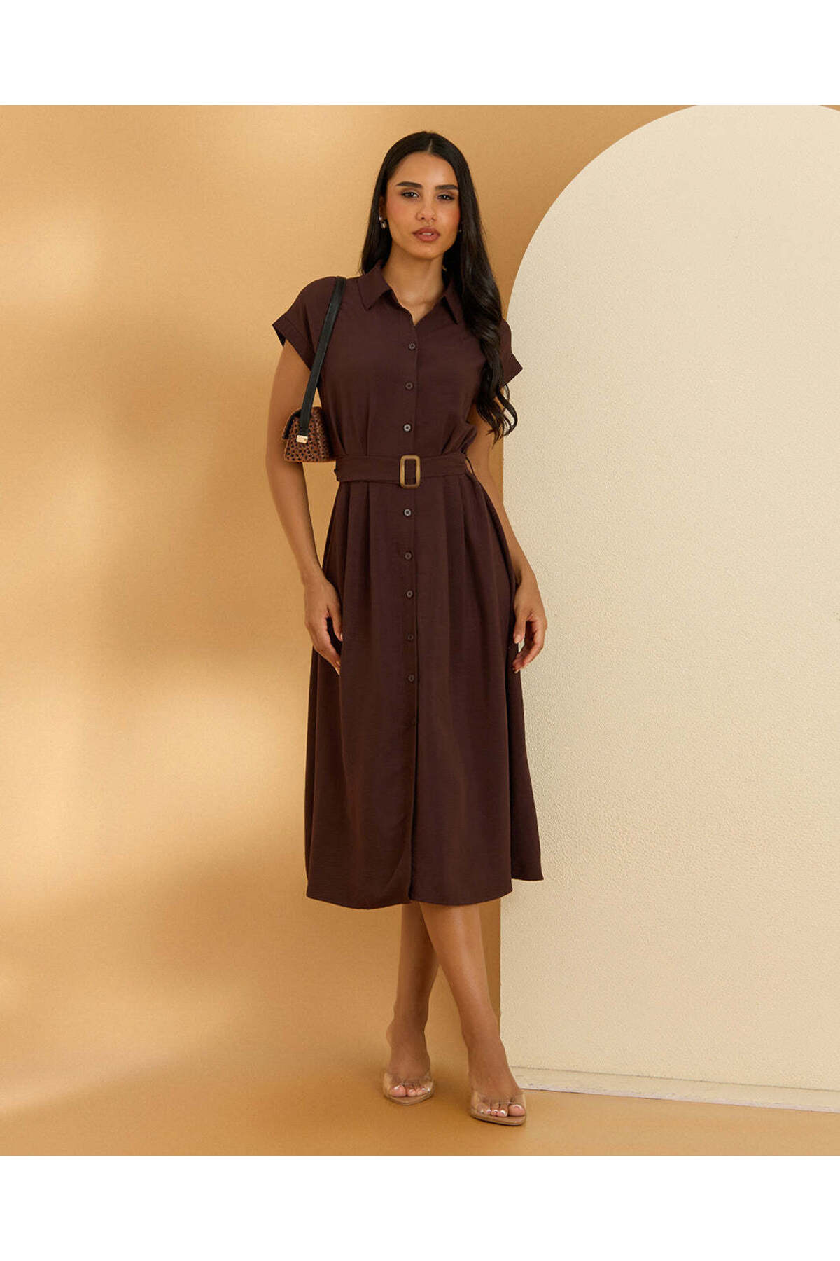 REDTAG Women Brown Button-Down Front Midi Shirt Dress