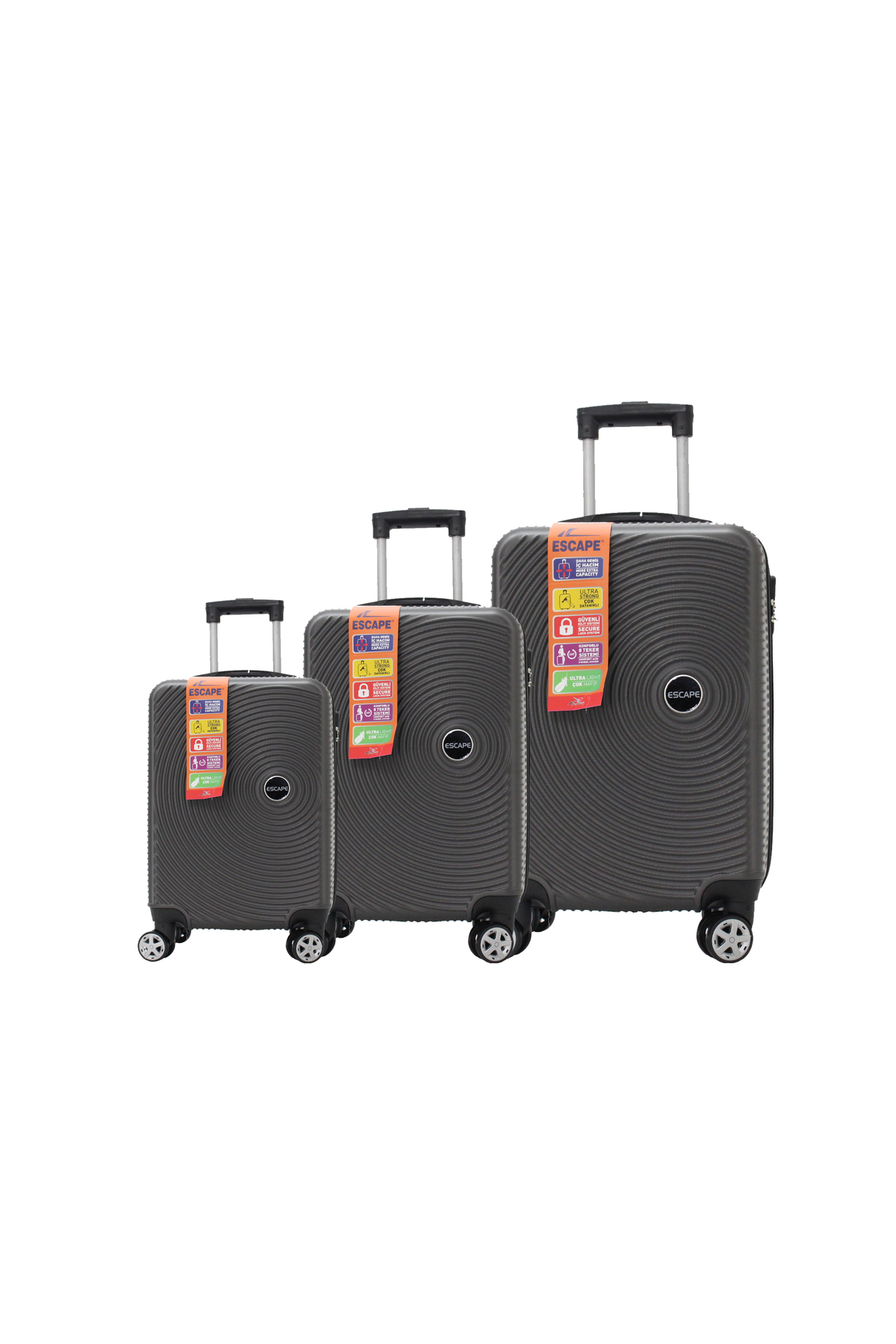 vlz 072-Set Abs 8 Tekerlekli Büyük, Orta, Kabin Boy Valiz, Bavul Seti, Antrasit