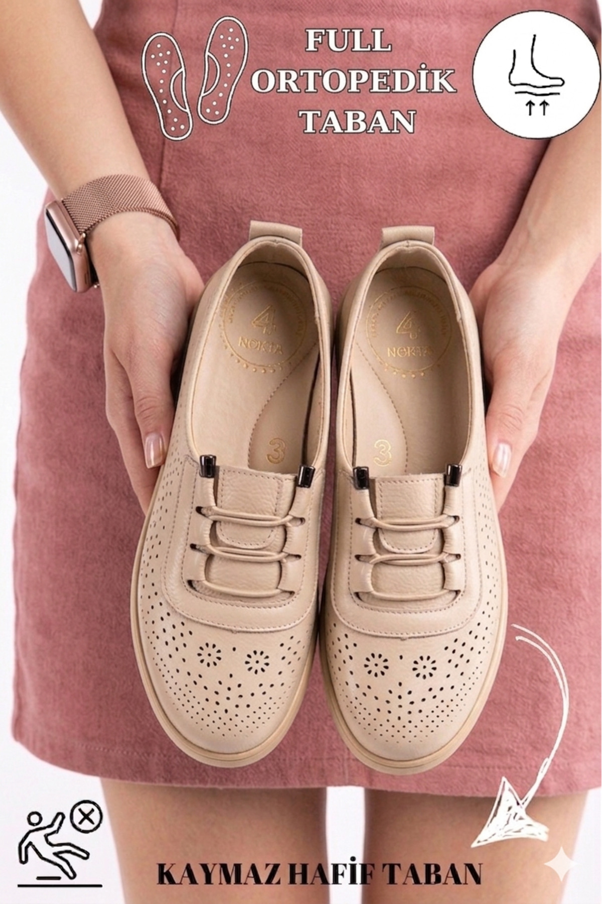 Nokta Ortobetik Women's Elastic Detailed Skinned Mother Shoes Casual Shoes Flats