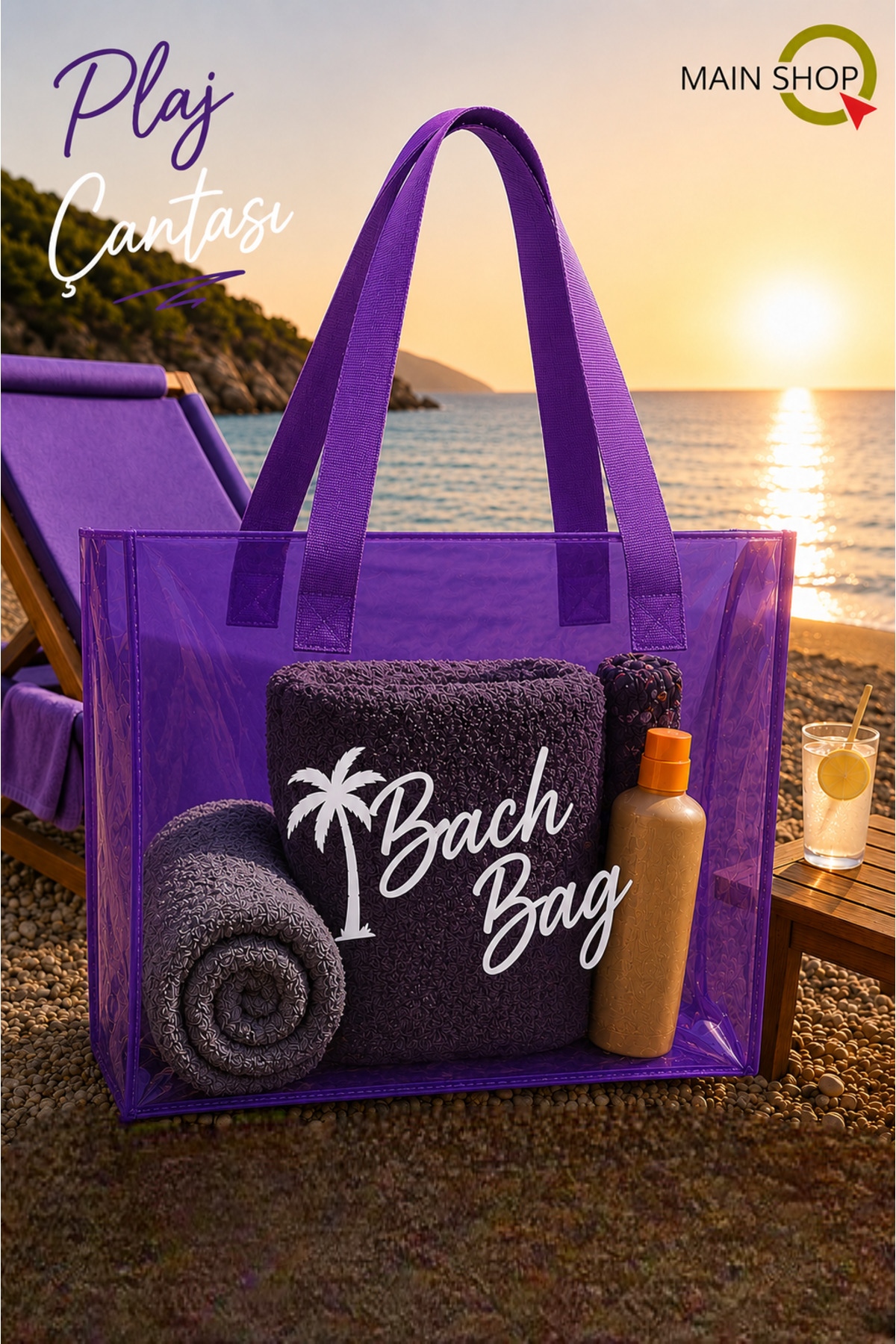 MAİN SHOP Büyük Boy Beach Bag Mor Şeffaf Deniz Plaj Çantası M-PLJ02 görsel 7