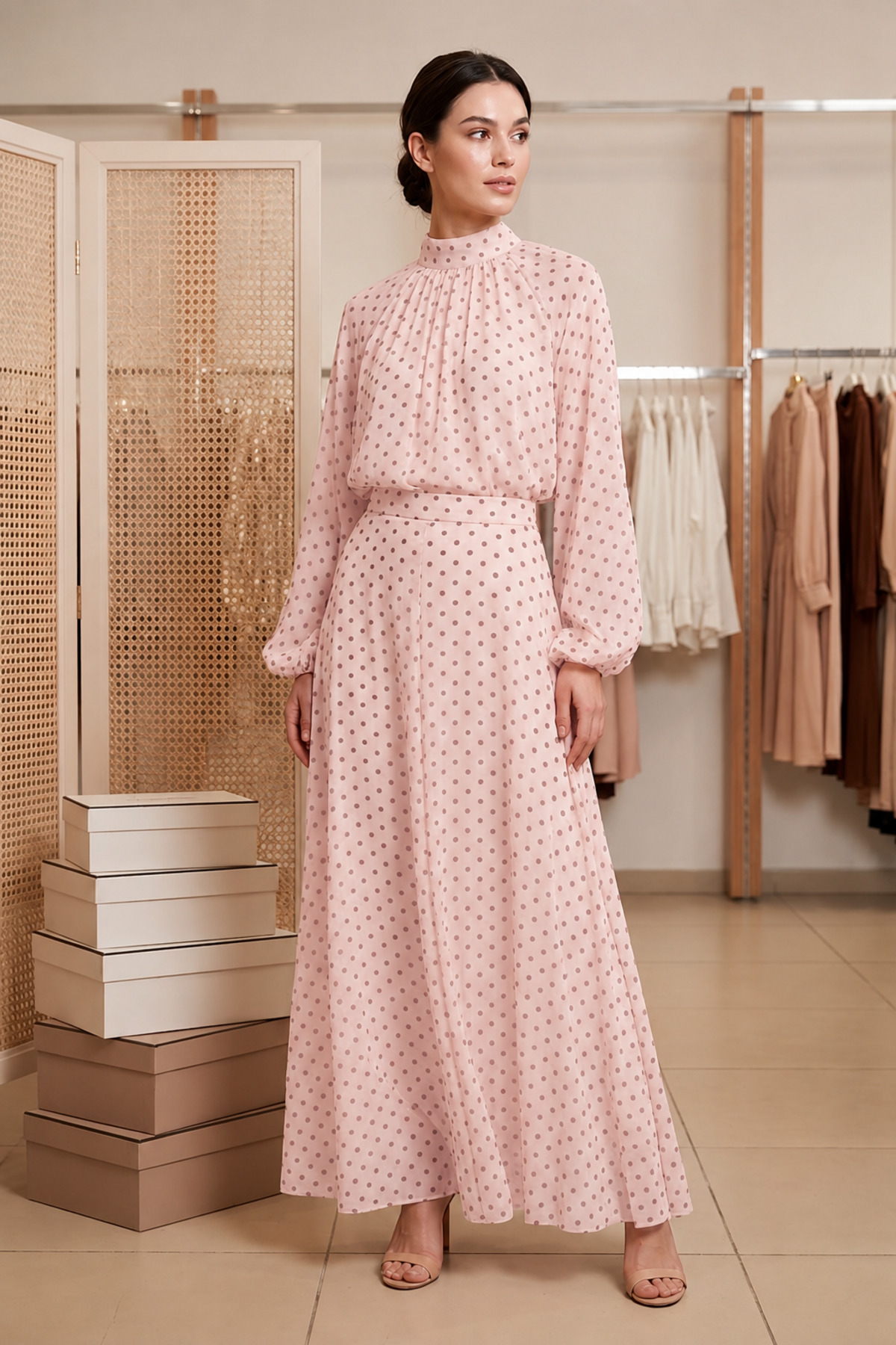 ELAY Fashion Women's Powder Polka Dot High Collar Skirt 2-Piece Set