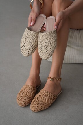 selin shoes Marevia Örgü Detay İç Astarlı Düz Taban Kadın Terlik- EKRU
