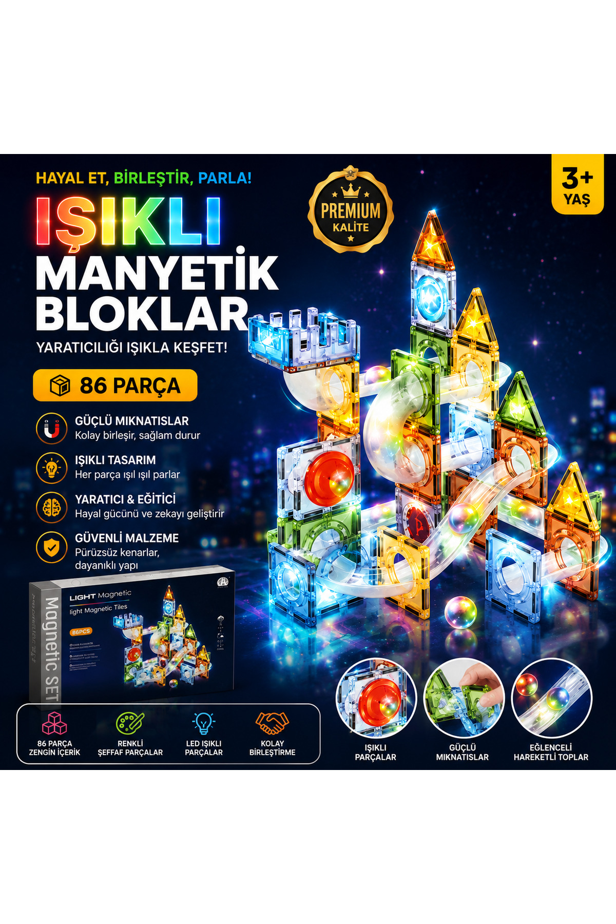 Cici Oyuncak Işıklı Manyetik Bloklar 86 Parça Mıknatıslı Yapı