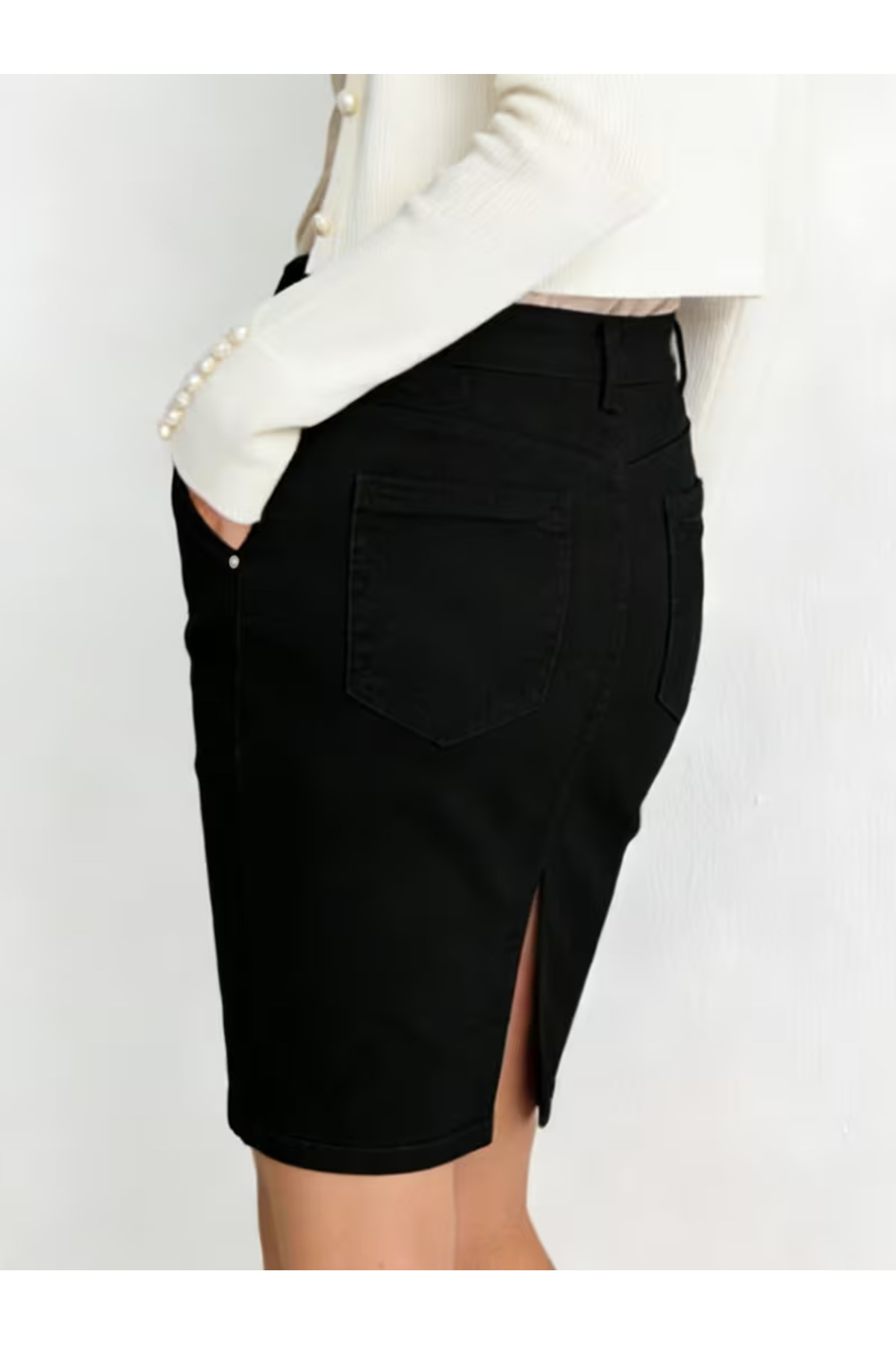 LAYAL MY BEAUTY Kadın Jeans Arka Yırtmaçlı Cepli Günlük Denim Kot Etek Yeni Sezon görsel 3