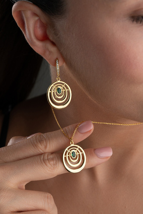 Silvano Jewelry 925 Ayar Gümüş Halkalı Yeşil Oval Taşlı Set