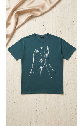 Seeba 5553 Oversize Kedi Baskılı Rahat Kalıp T-Shirt
