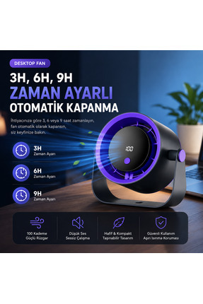 TARÇIN Teknomie Şarjlı Masaüstü Vantilatör | 100 Kademeli Dijital Ekranlı, Za...