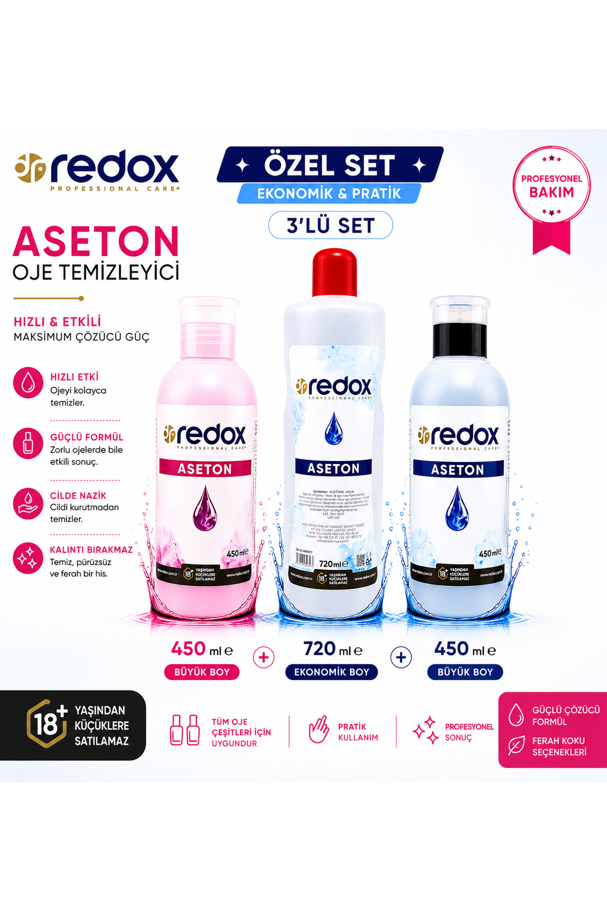 Aseton Oje Temizleyici 3'lü Özel Set 450 ml + 720 ml + 450 ml Klasik ve Ferah Kokulu — drredox110*10