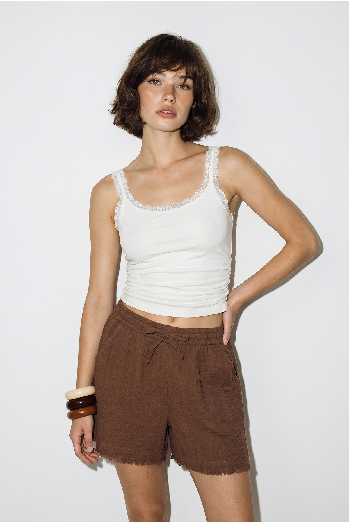 Women's 100% Cotton Elastic Waistband Pocket Detail Muslin Bermuda Shorts YP5525 60286315