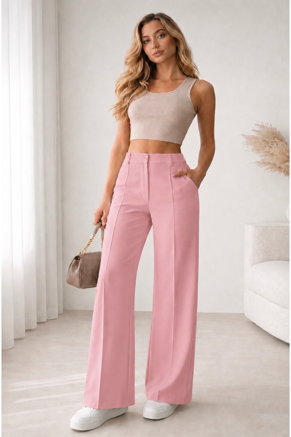 Women's Powder Pink Grass High Waist Palazzo Pants