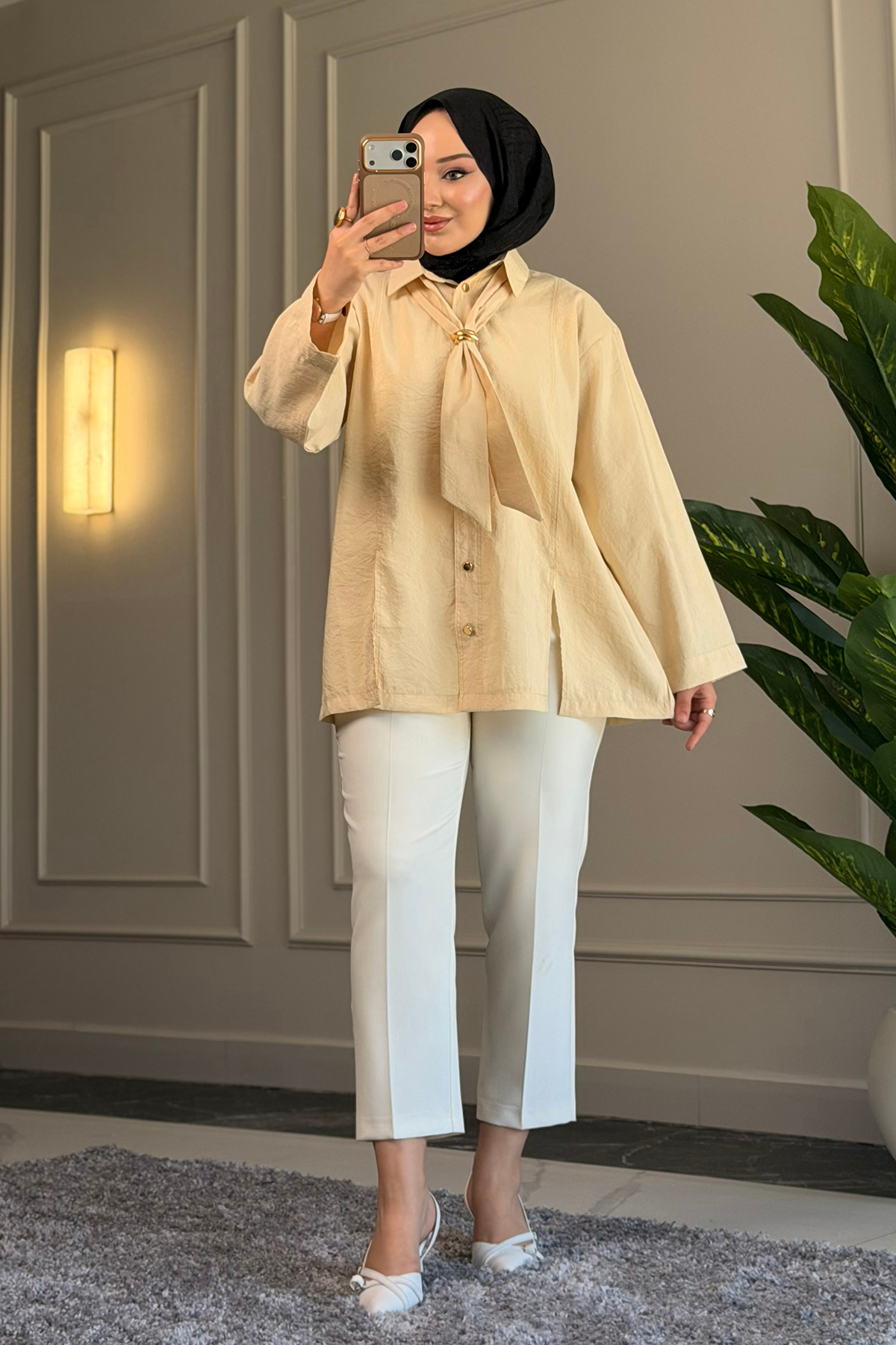Suede Style  6463 - Şık Rahat Kravat Detaylı Dokuma Şeftali Kumaş Kadın Gömlek - Görsel 5