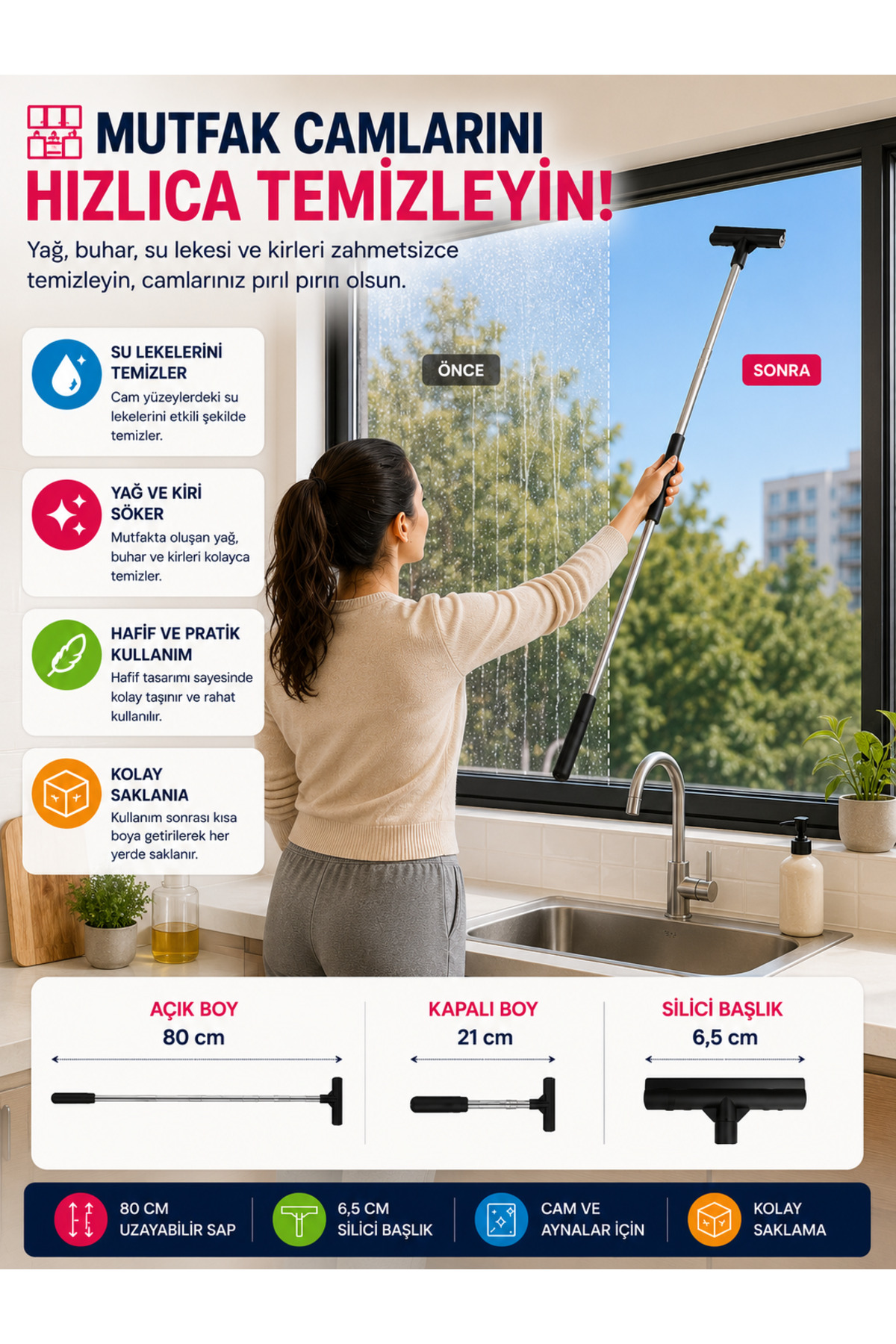 OpenCity Teleskopik Cam ve Ayna Sileceği 80 cm Uzayabilir Saplı