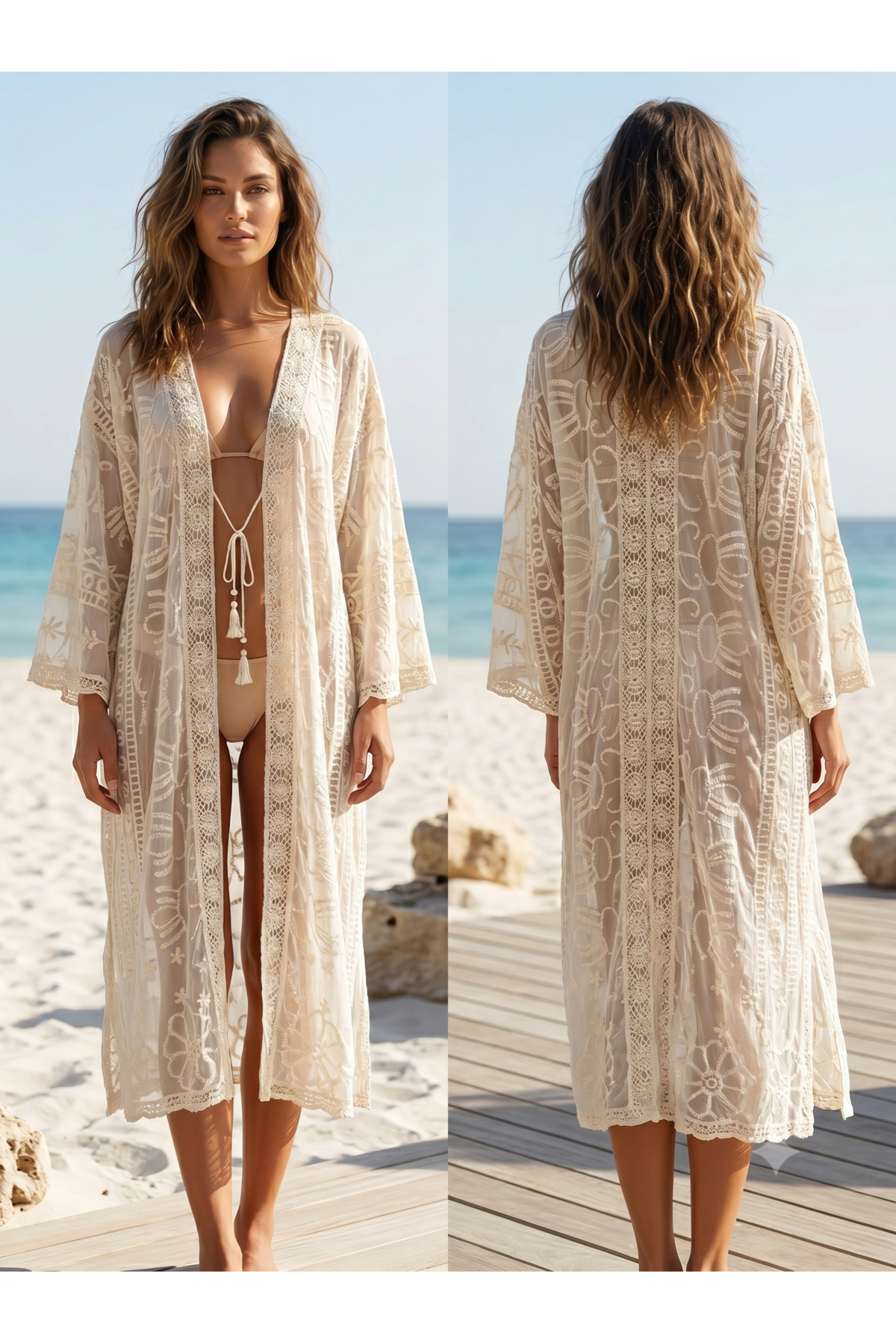 Beige Bohemian Lace Embroidered Transparent Beach Kimono Women's Swimwear Top Pareo pareo09