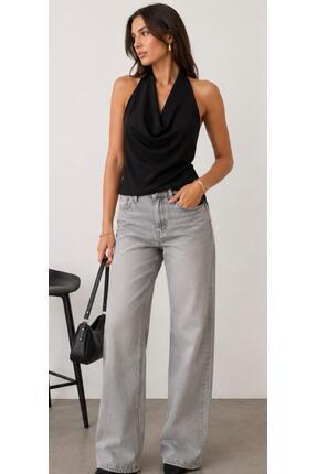 Butik Kadın Siyah Degaje Yaka Saten Bluz Halter Yaka Şık Askılı Bluz