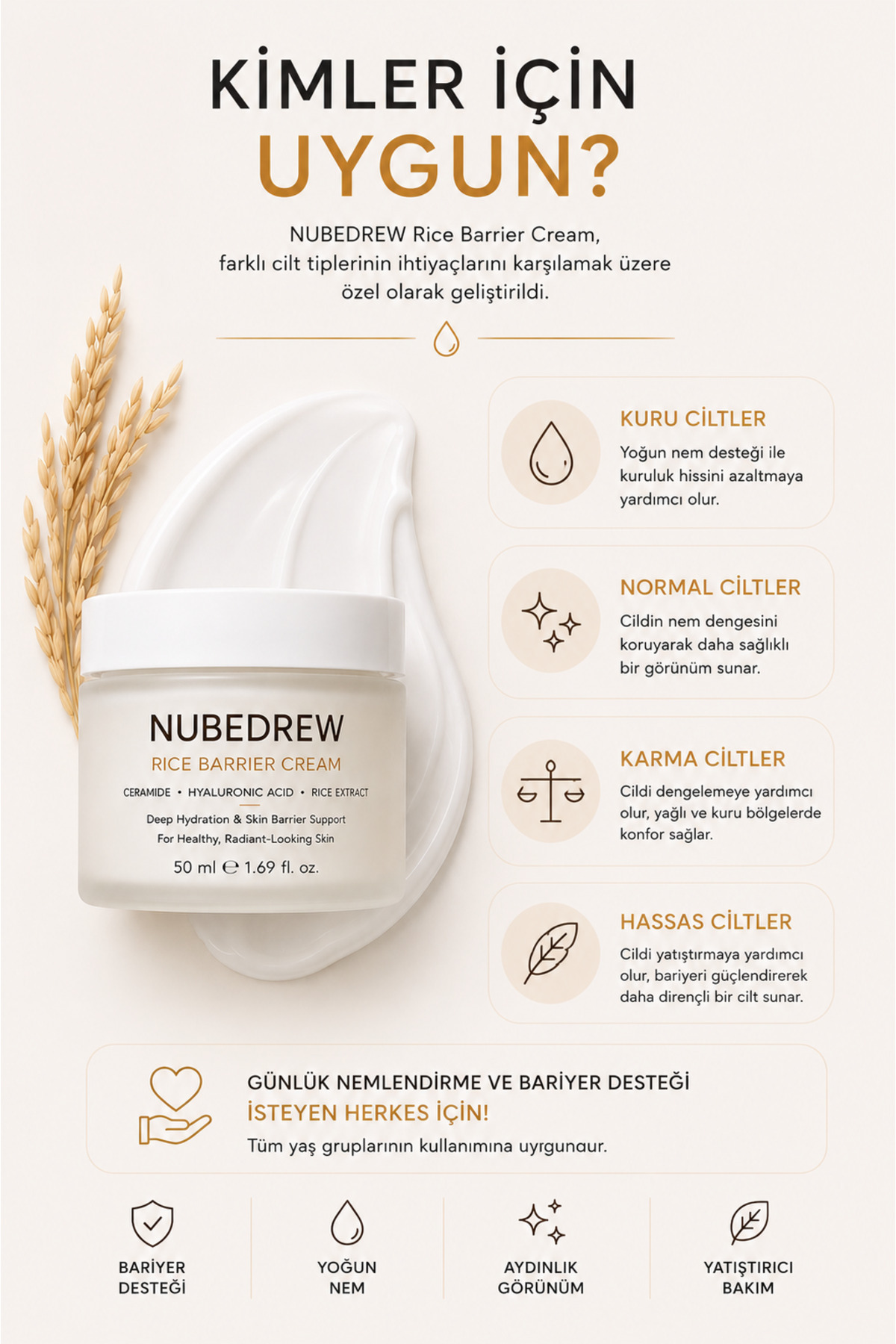 Ceramide Nemlendirici Yüz Kremi 50 ML Cilt Bariyeri Güçlendirici Hyaluronic Acid ve Pirinç Özlü Bakım Kremi — crnekr-nbd — تصویر 6 از 8