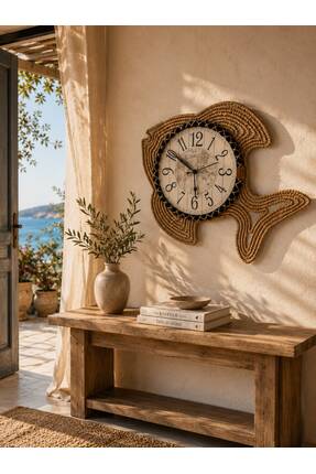 home inn Marin Balık Duvar Saati Hasır Görünümlü Dekoratif Salon Saati 50 CM