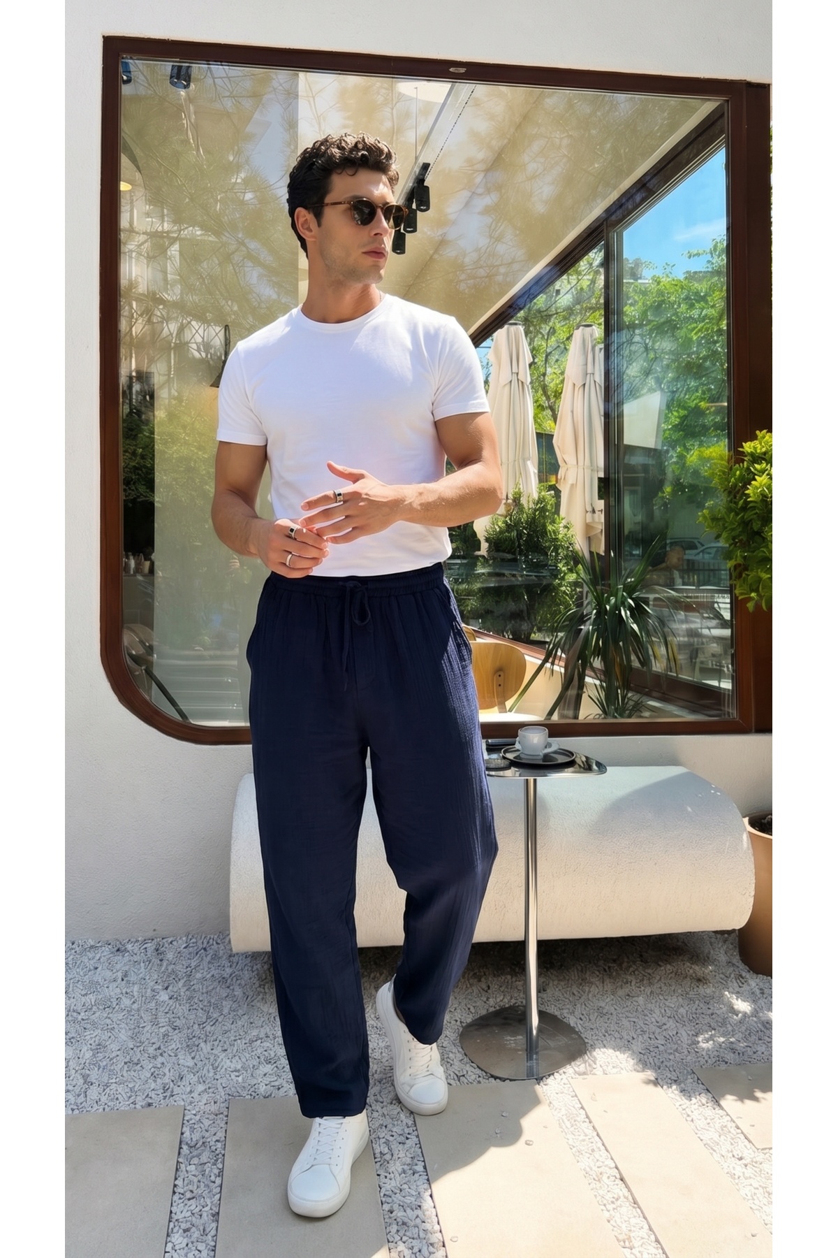 Balve 100% Cotton Baggy Muslin Fabric Men's Pants Lace-up Elastic Waist Summer Pants